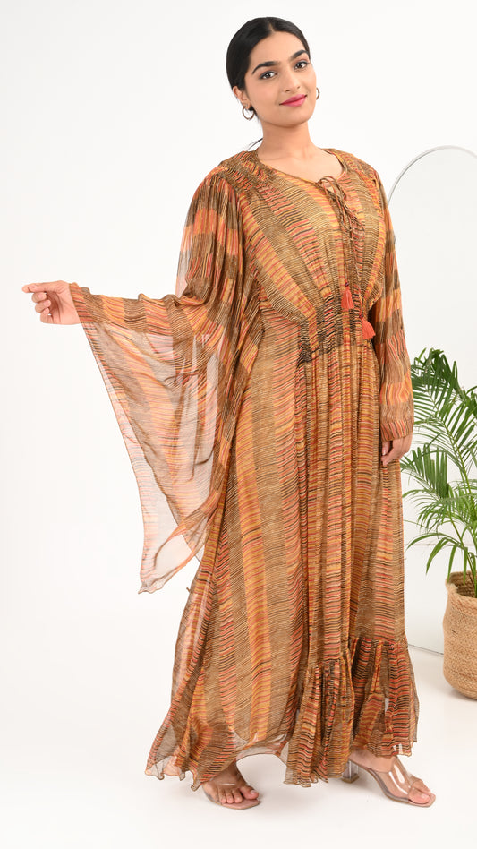 Saffron Sunset Pleated Kaftan Midi Dress