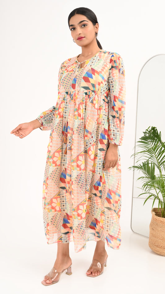 Mosaic Bloom Tiered Midi Dress