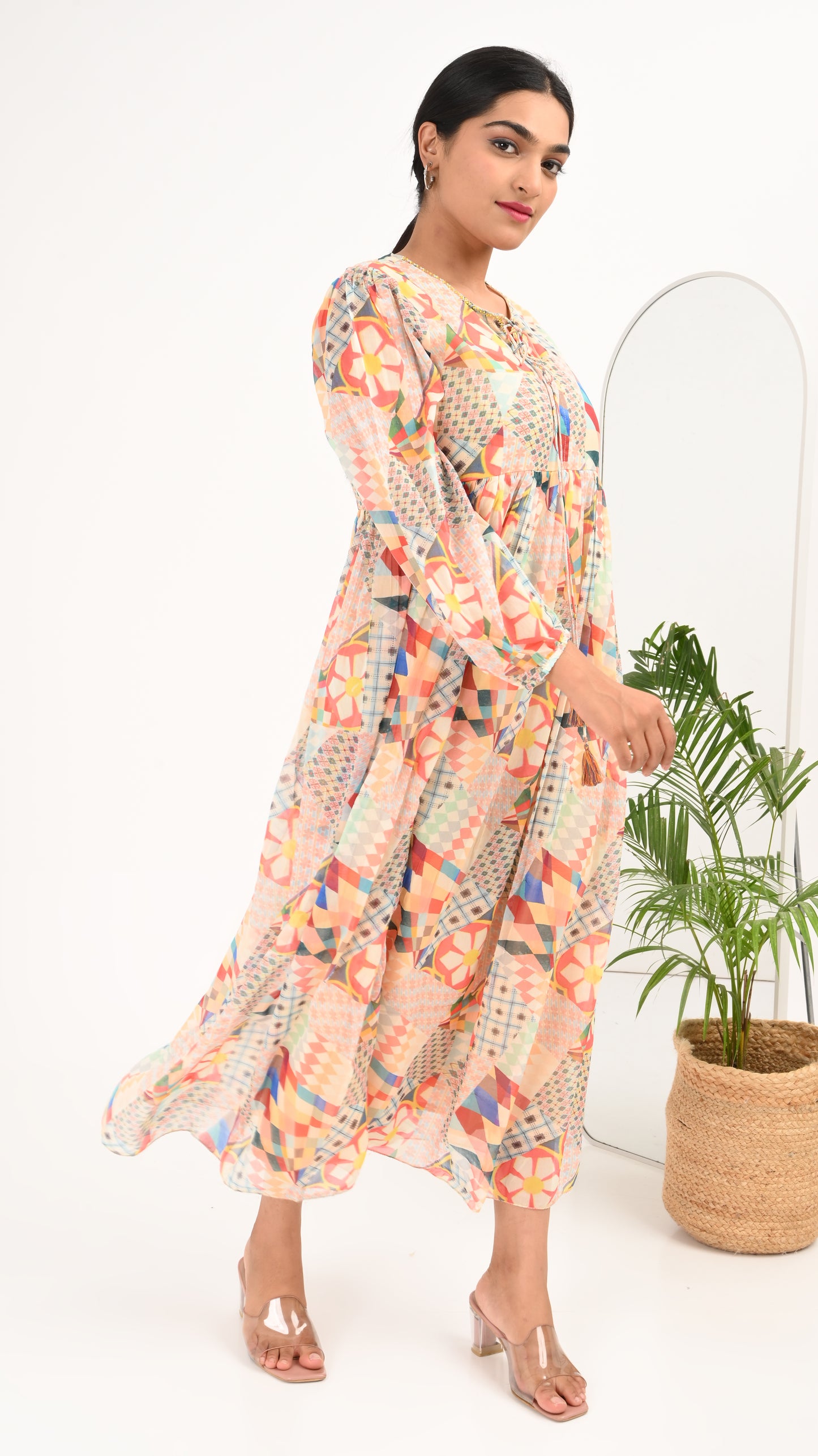Mosaic Bloom Tiered Midi Dress