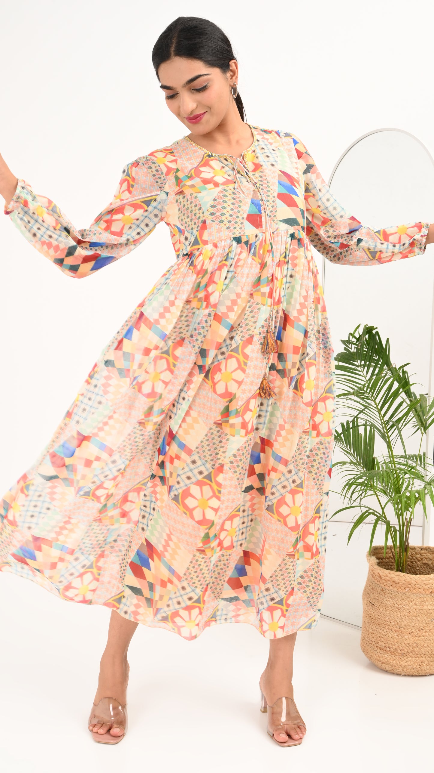 Mosaic Bloom Tiered Midi Dress