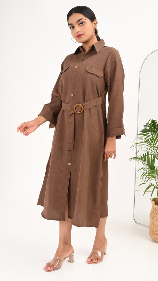 Cocoa Ridge Belted Shirt Midi Dress