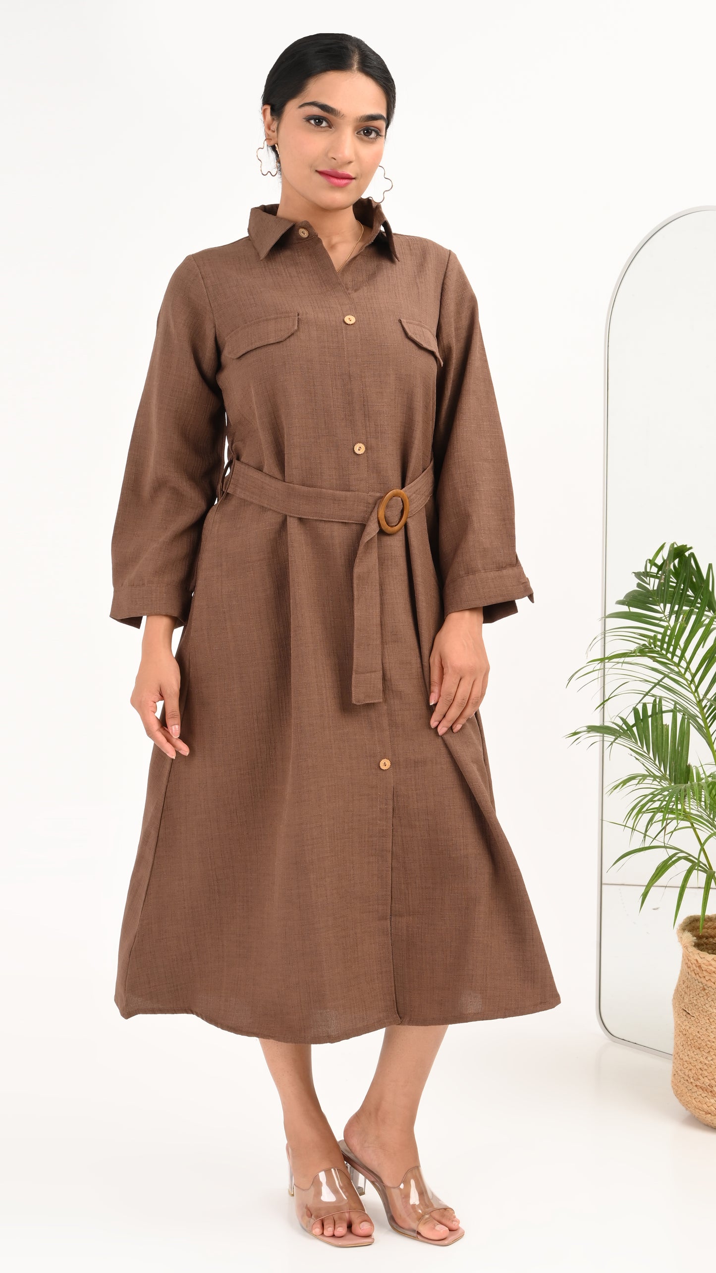Cocoa Ridge Belted Shirt Midi Dress