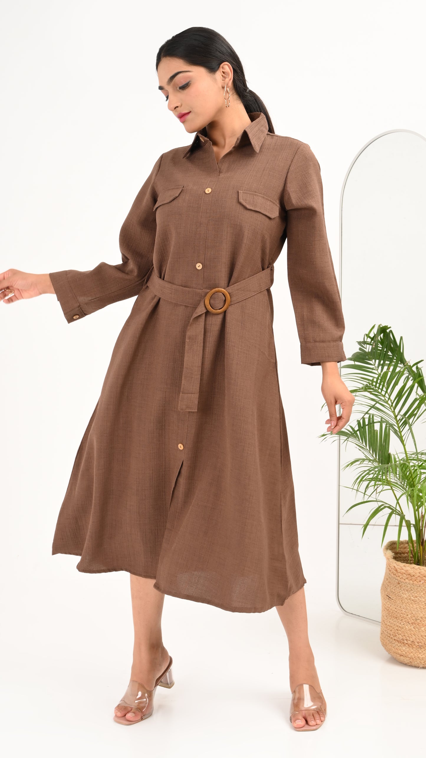 Cocoa Ridge Belted Shirt Midi Dress