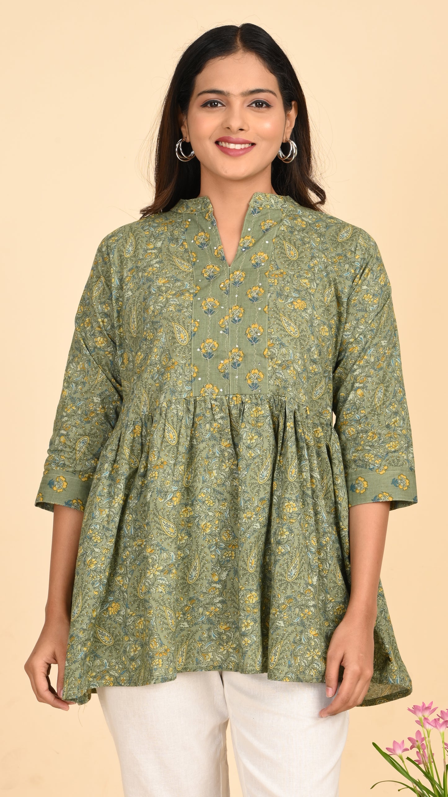 Gulbahar Olive Short Kurti Top