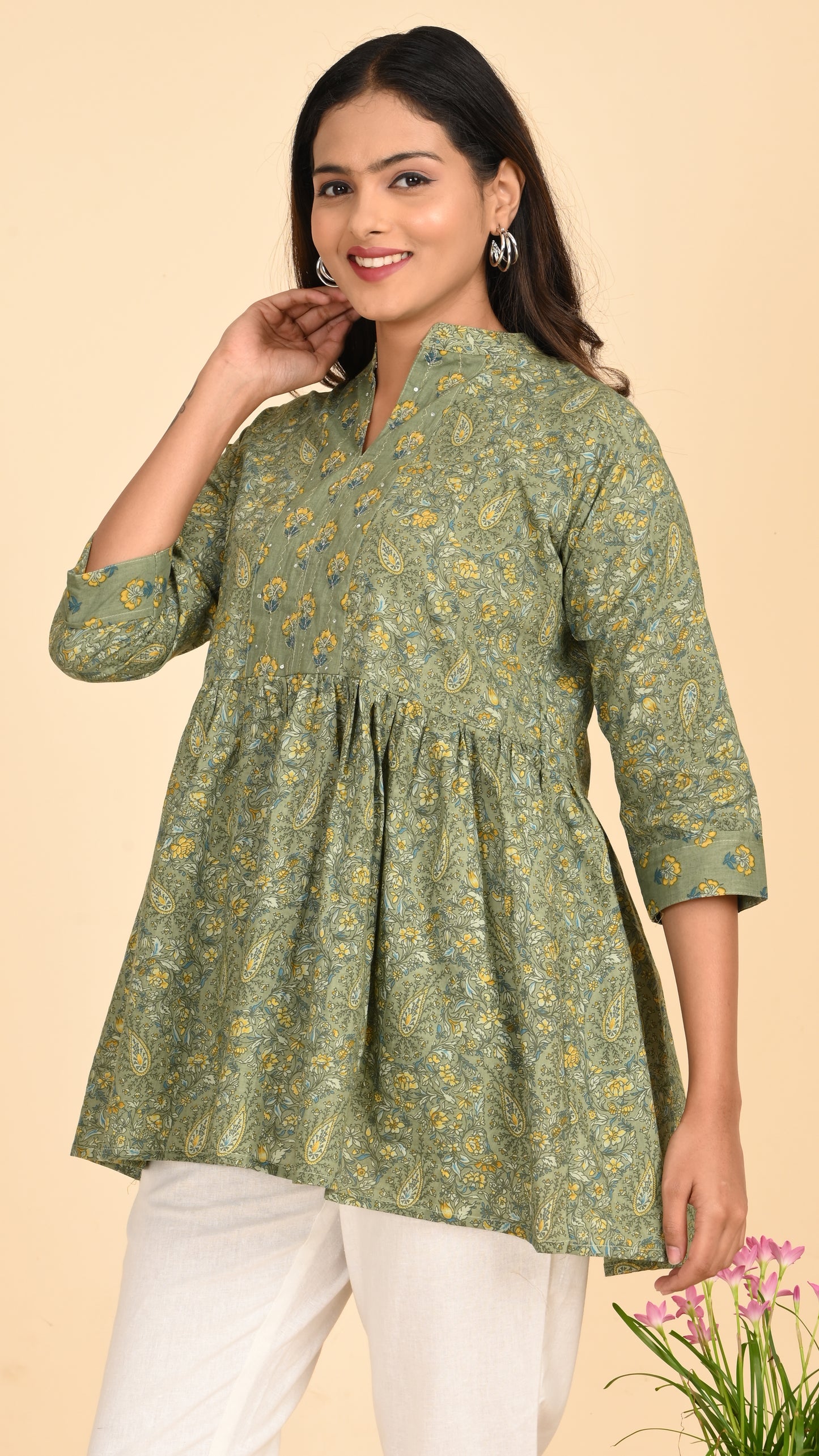 Gulbahar Olive Short Kurti Top