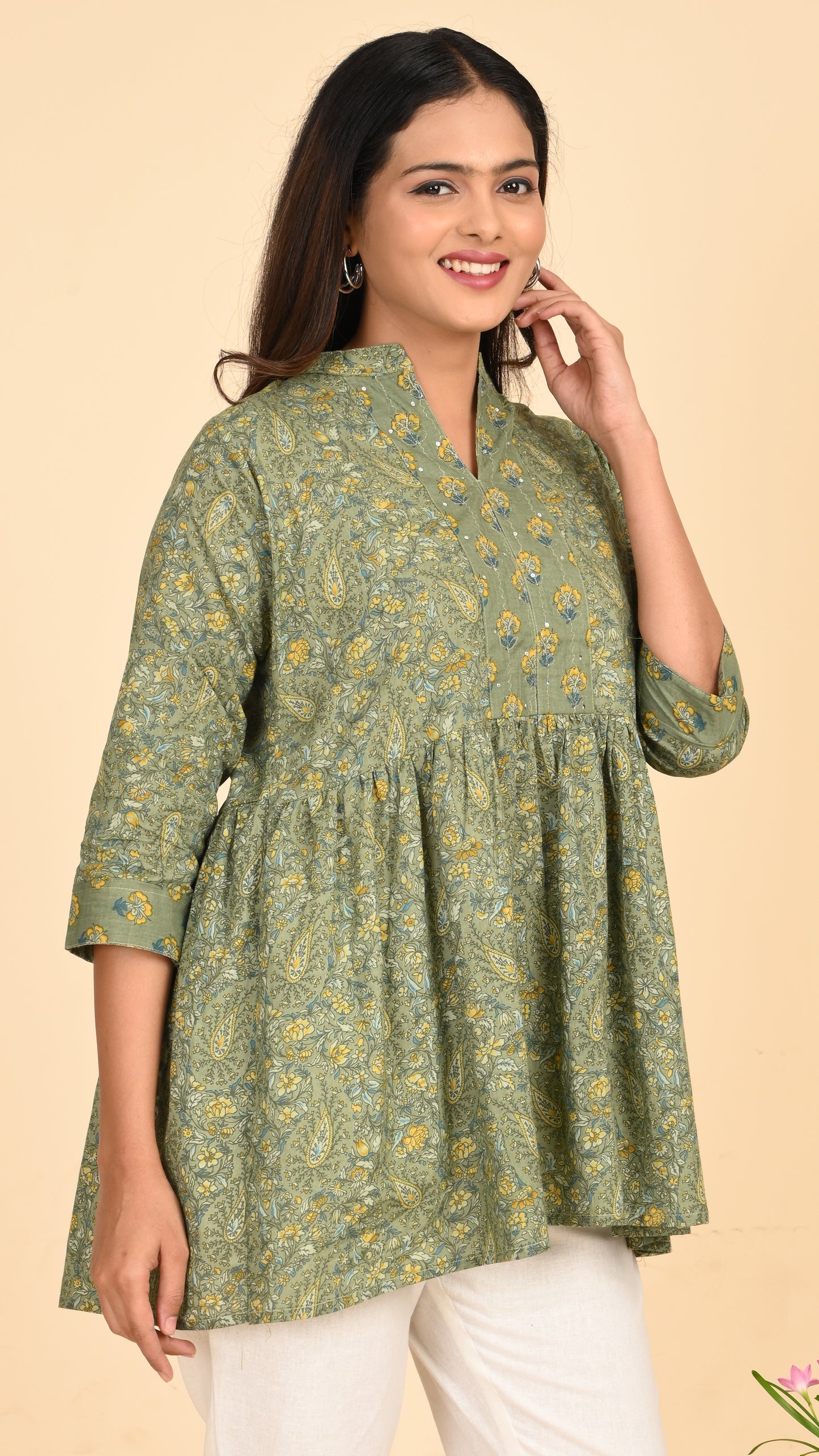 Gulbahar Olive Short Kurti Top