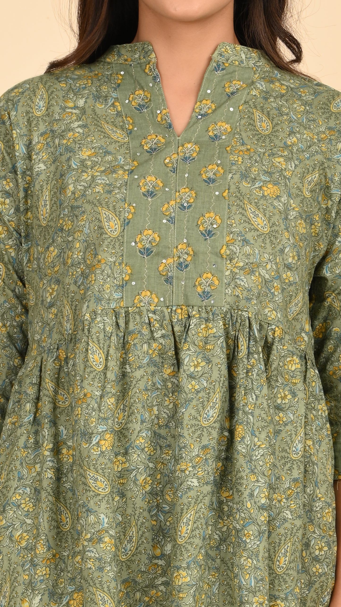 Gulbahar Olive Short Kurti Top