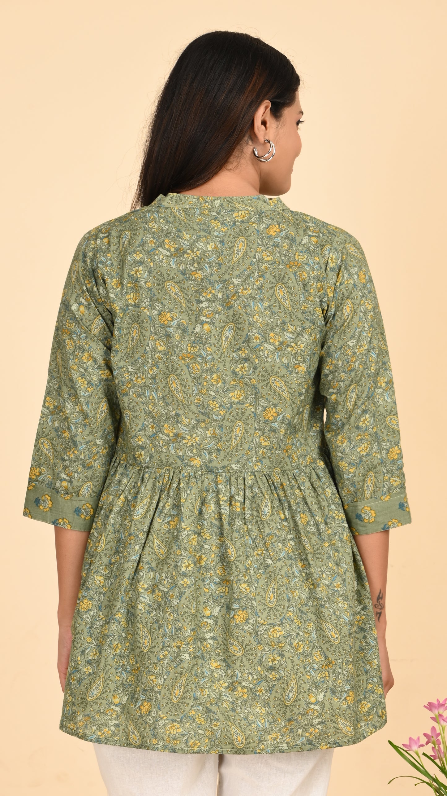 Gulbahar Olive Short Kurti Top