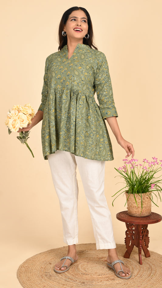 Gulbahar Olive Short Kurti Top