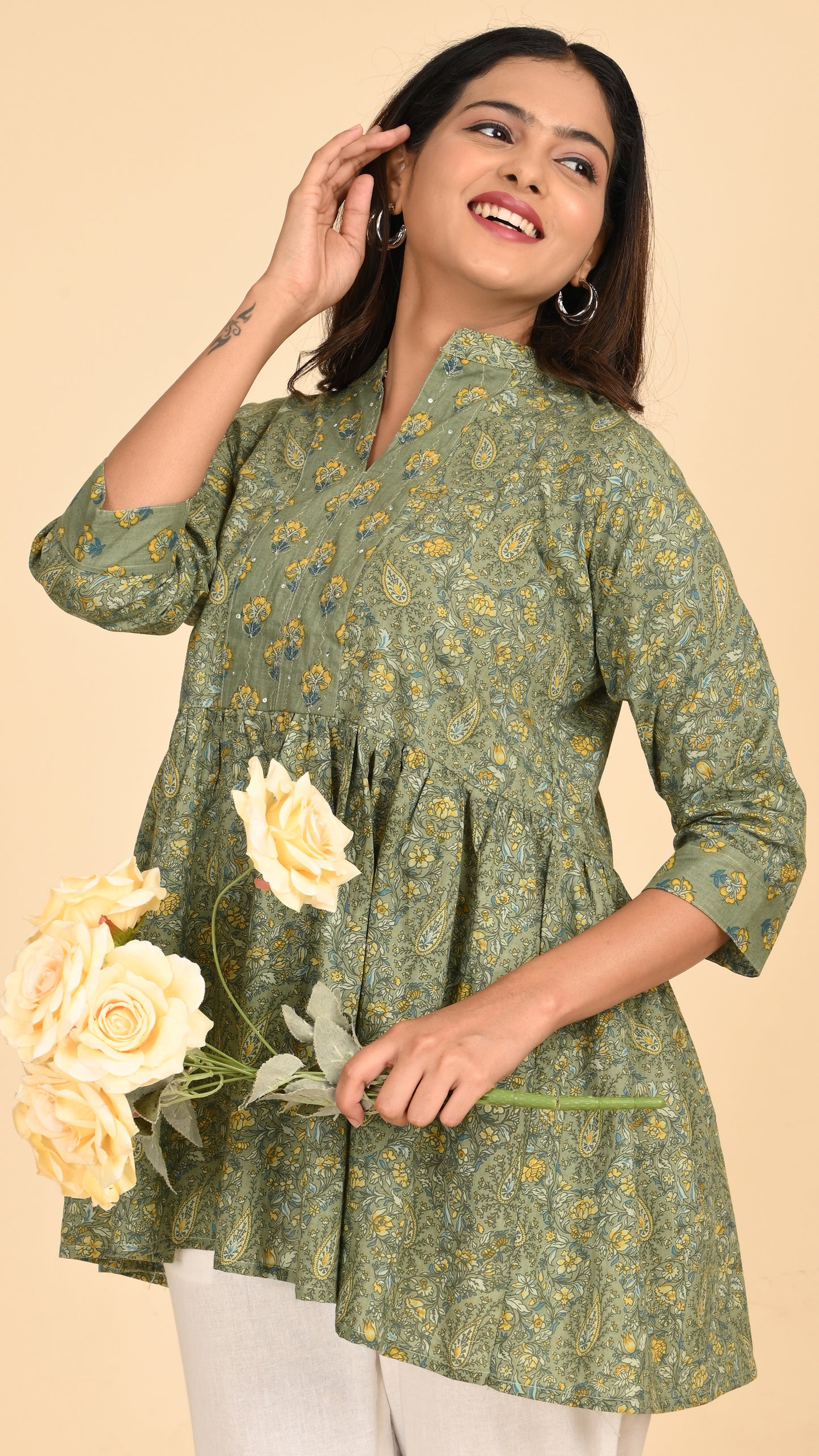 Gulbahar Olive Short Kurti Top
