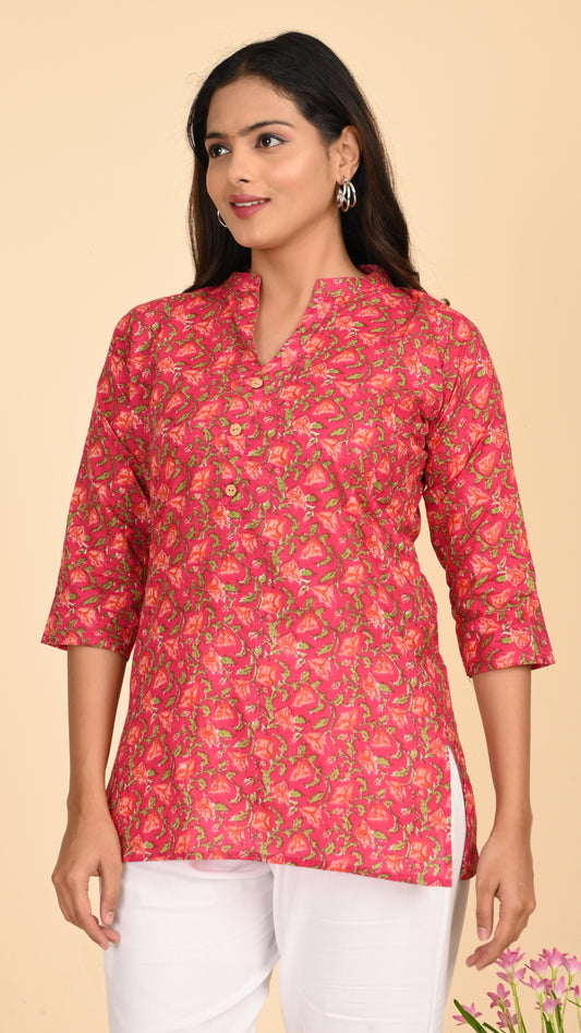 Gulzaar Pink Floral Short Kurti Top