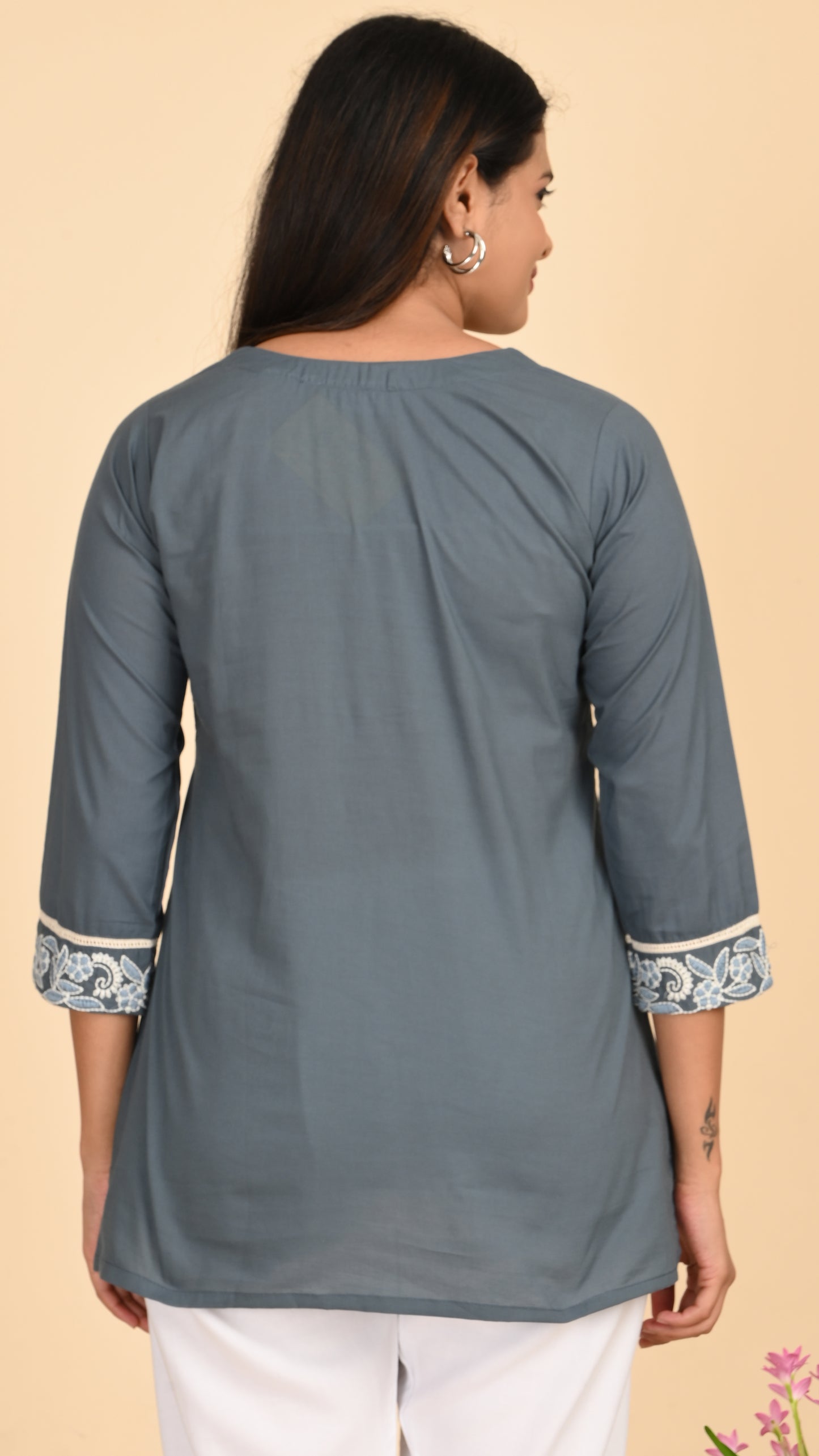 Nargis Slate Embroidered Short Kurti Top