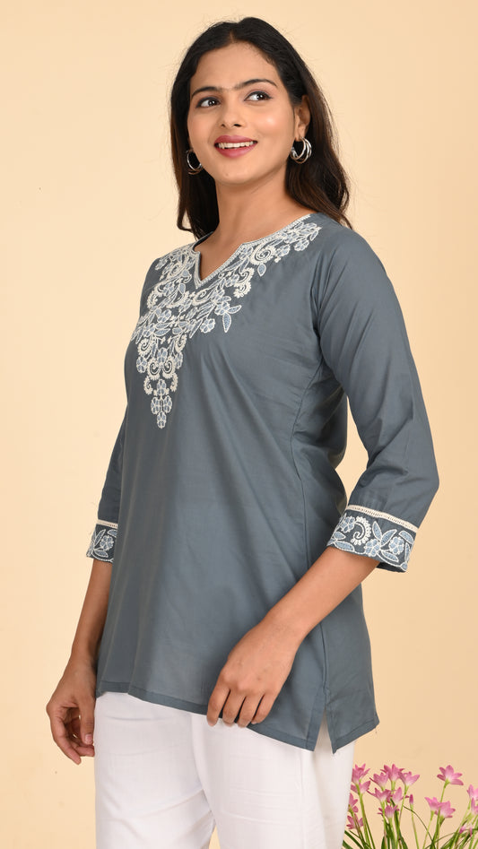 Nargis Slate Embroidered Short Kurti Top