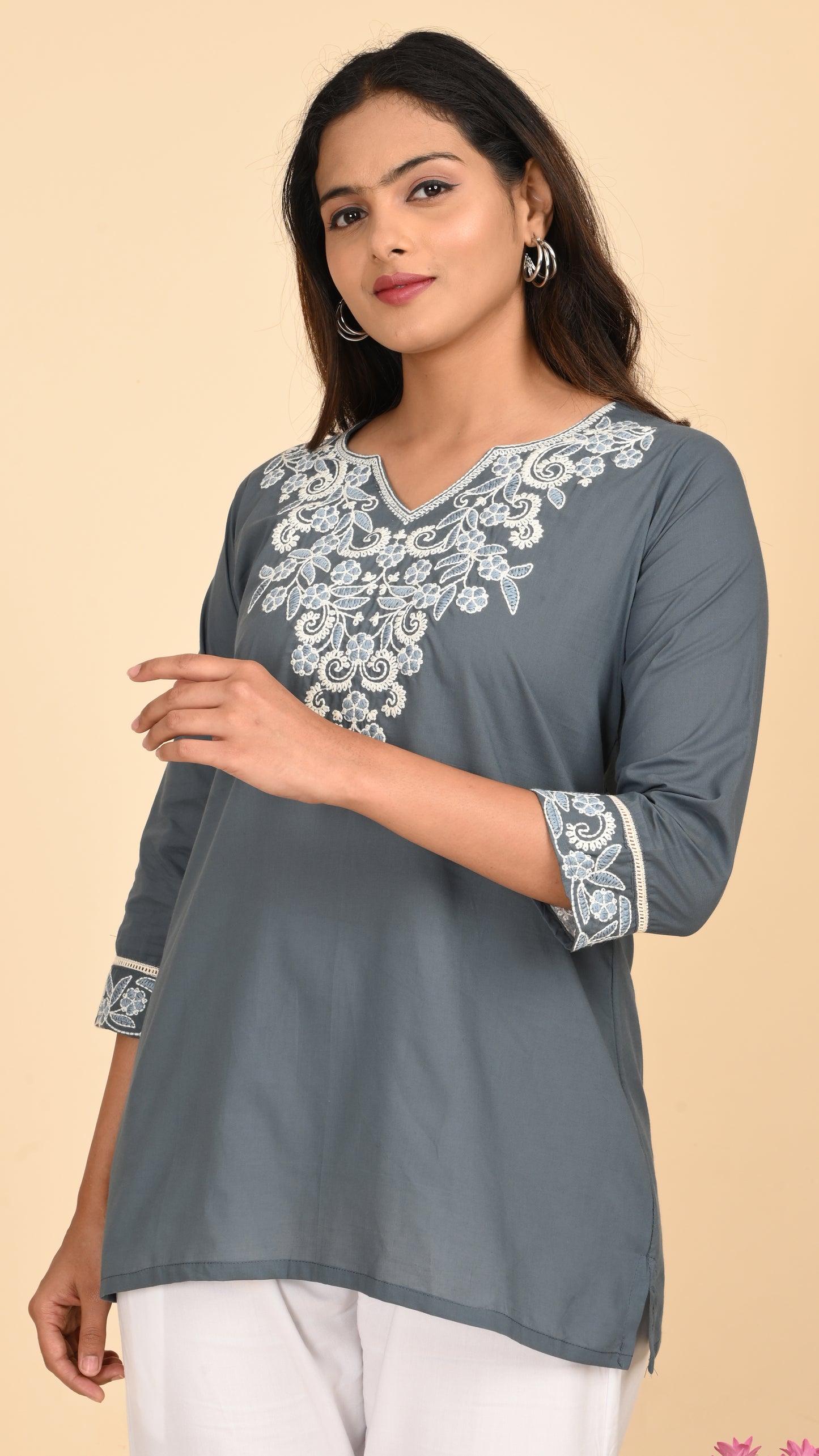 Nargis Slate Embroidered Short Kurti Top