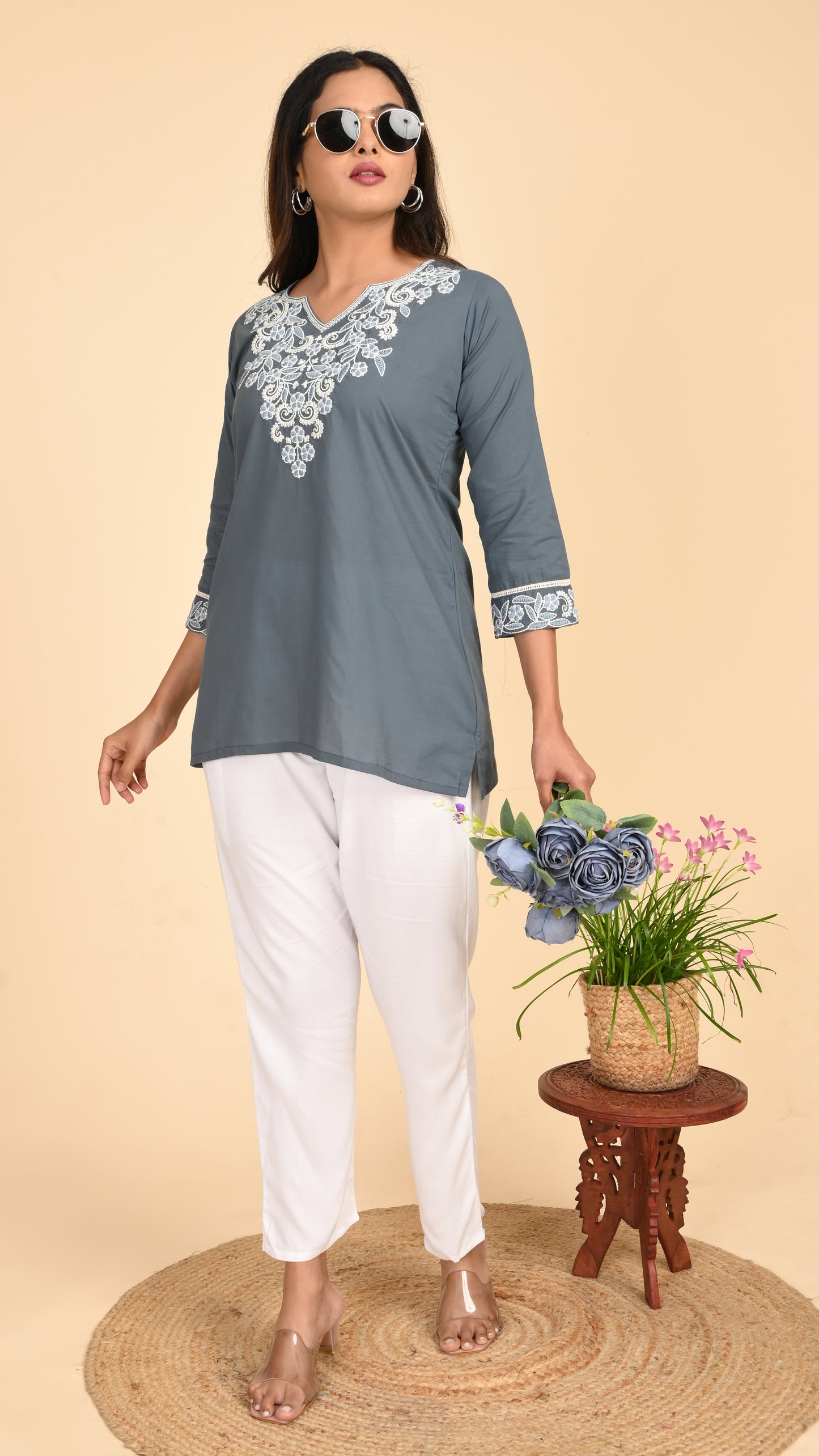Nargis Slate Embroidered Short Kurti Top