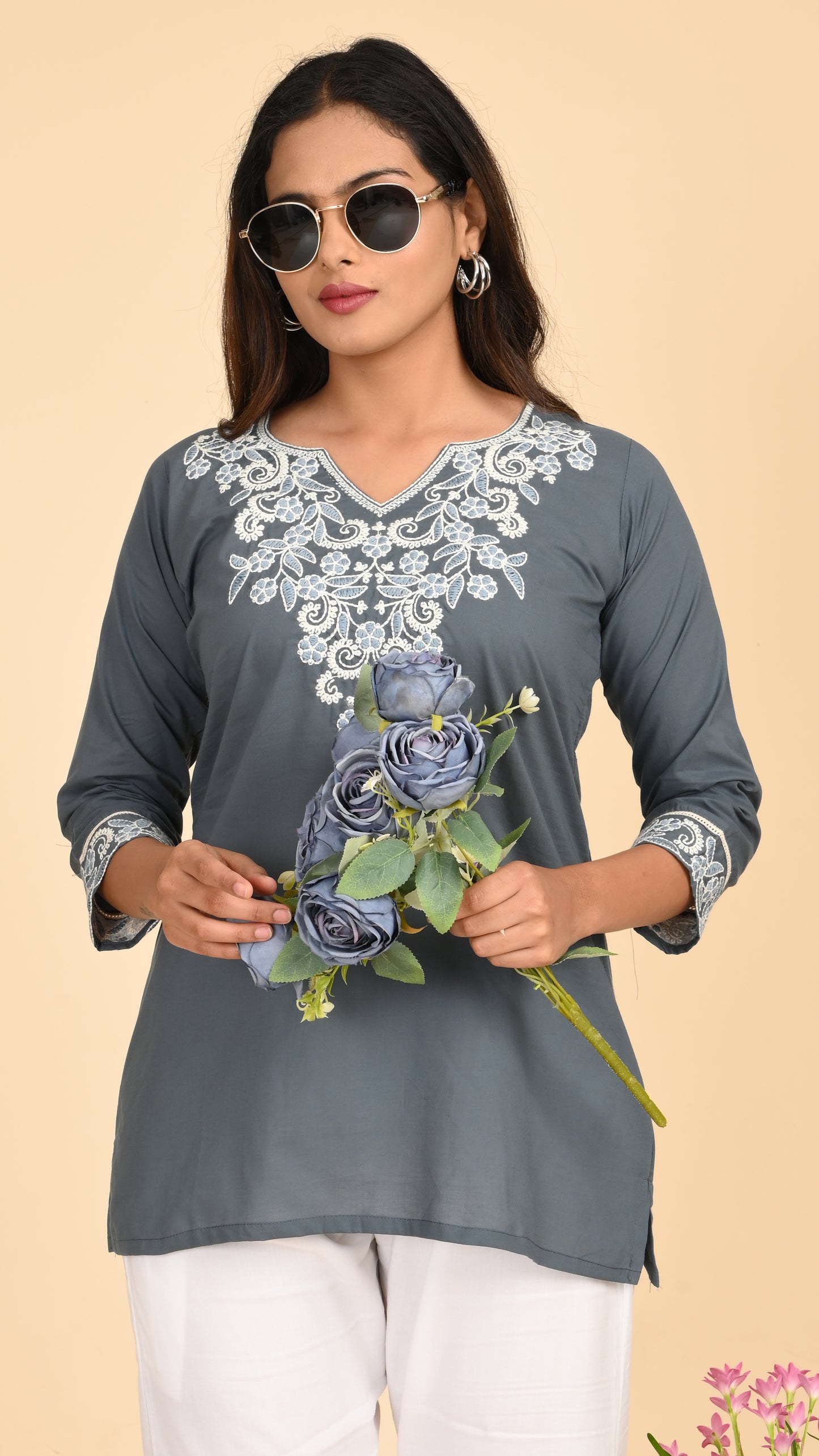 Nargis Slate Embroidered Short Kurti Top