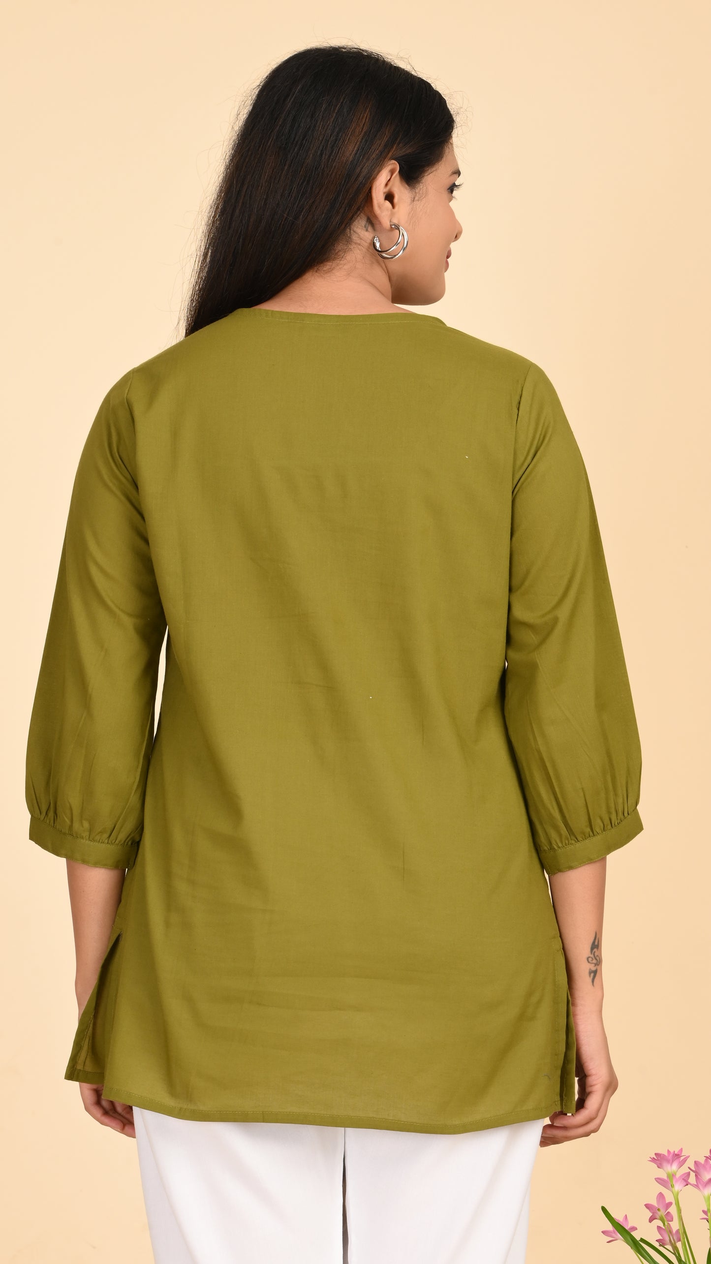 Veda Olive Warli Embroidered Short Kurti Top