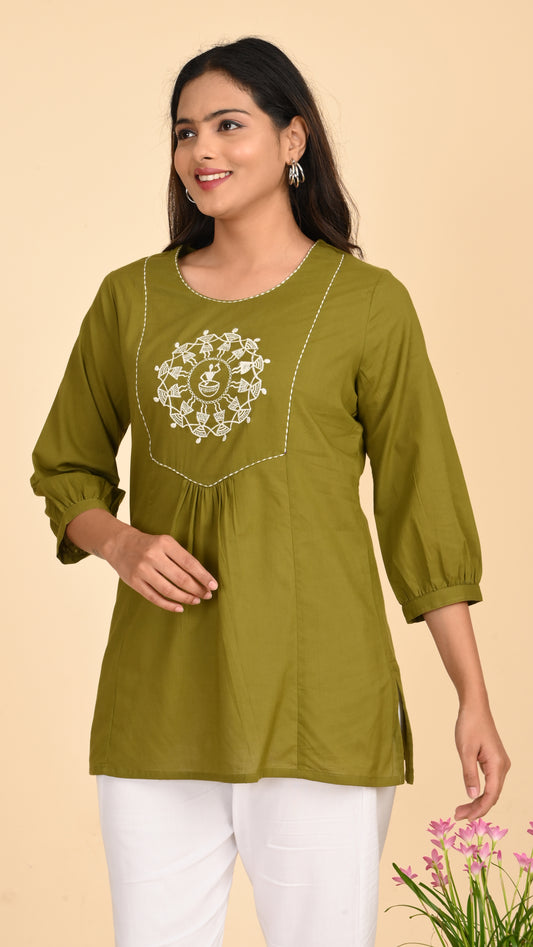 Veda Olive Warli Embroidered Short Kurti Top