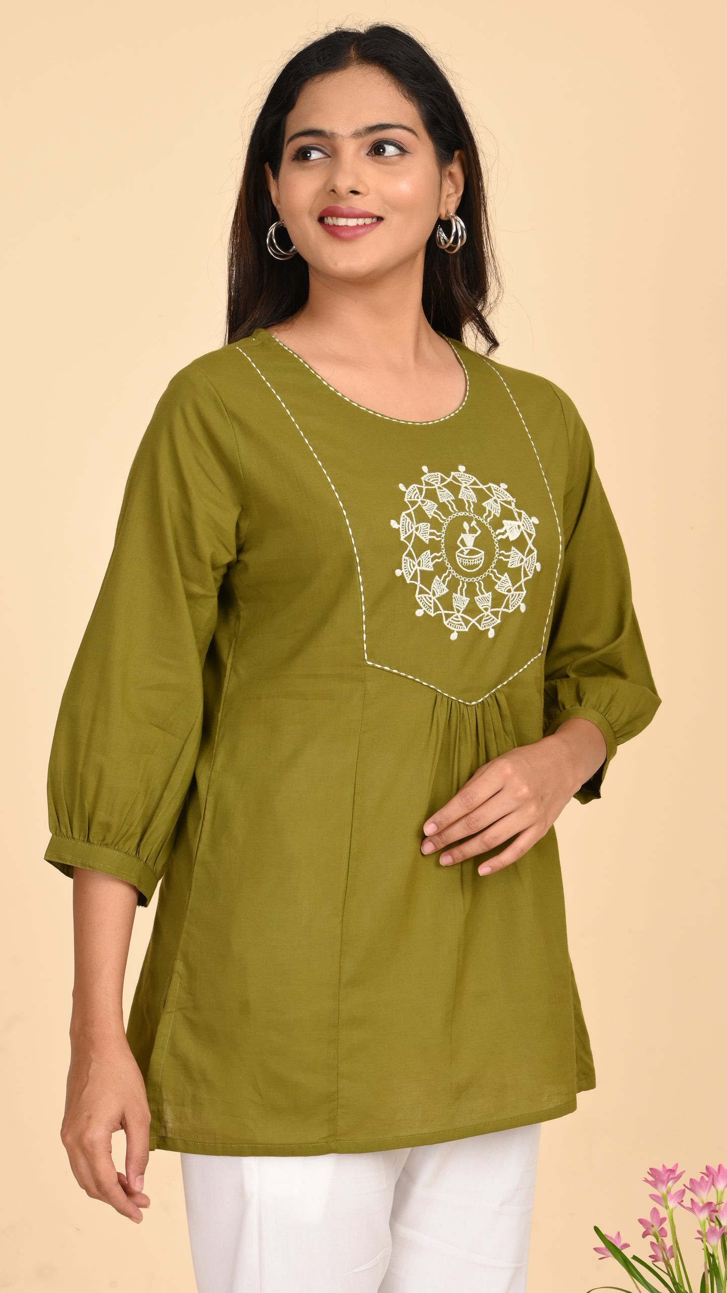 Veda Olive Warli Embroidered Short Kurti Top