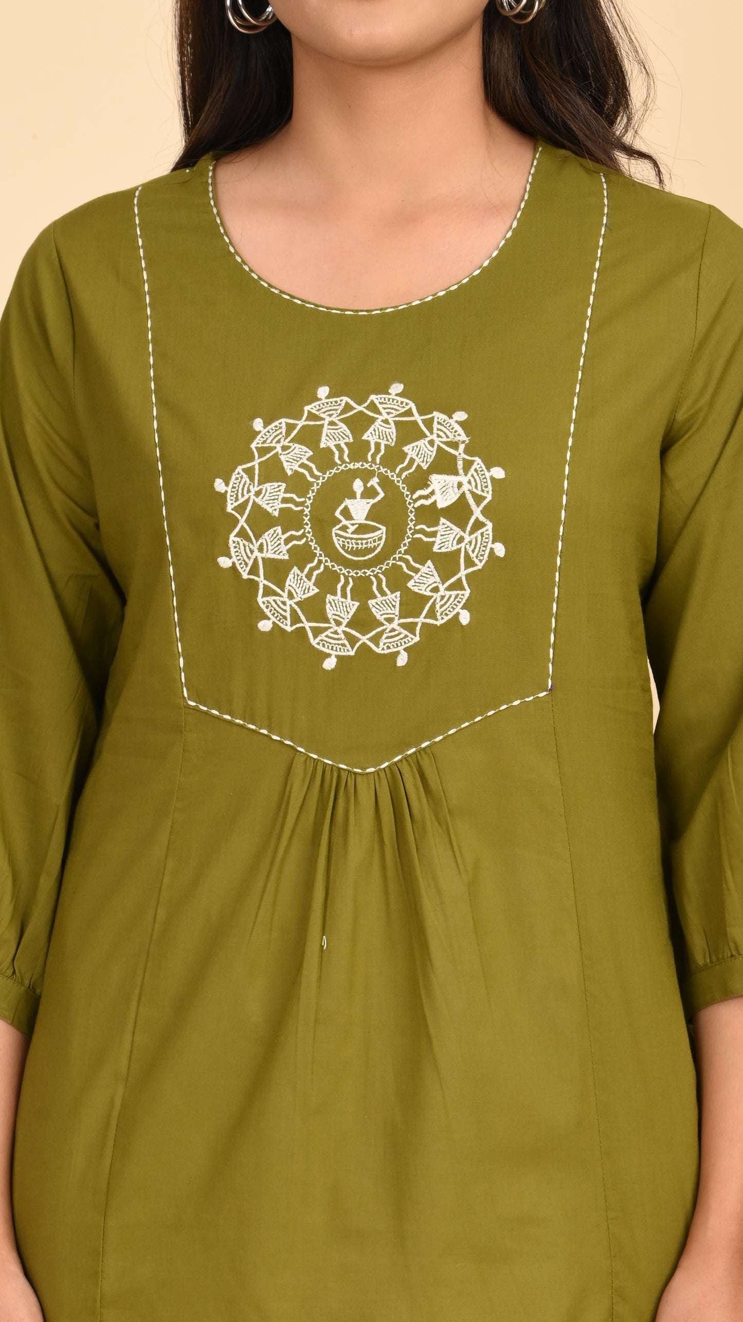 Veda Olive Warli Embroidered Short Kurti Top
