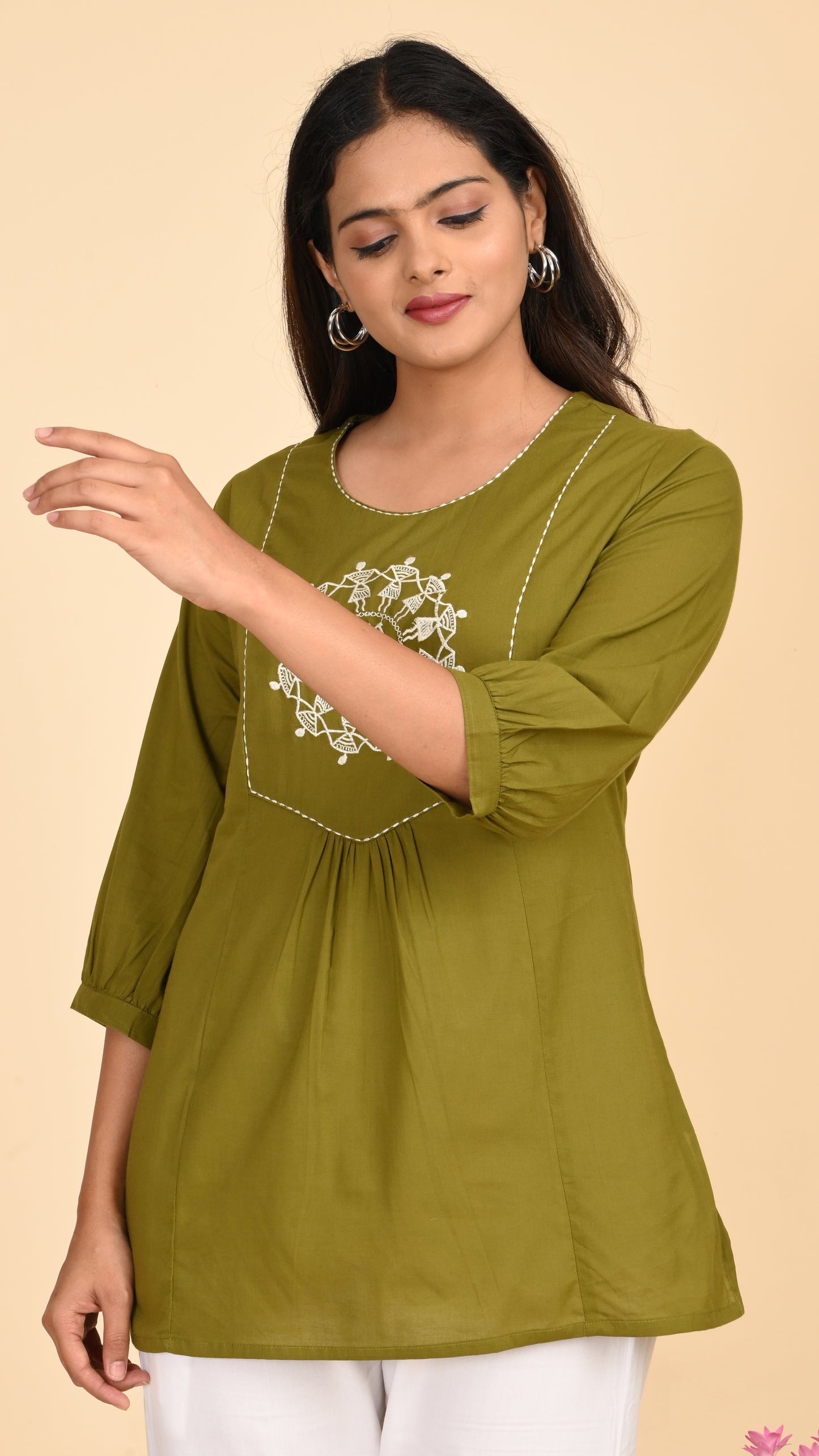 Veda Olive Warli Embroidered Short Kurti Top