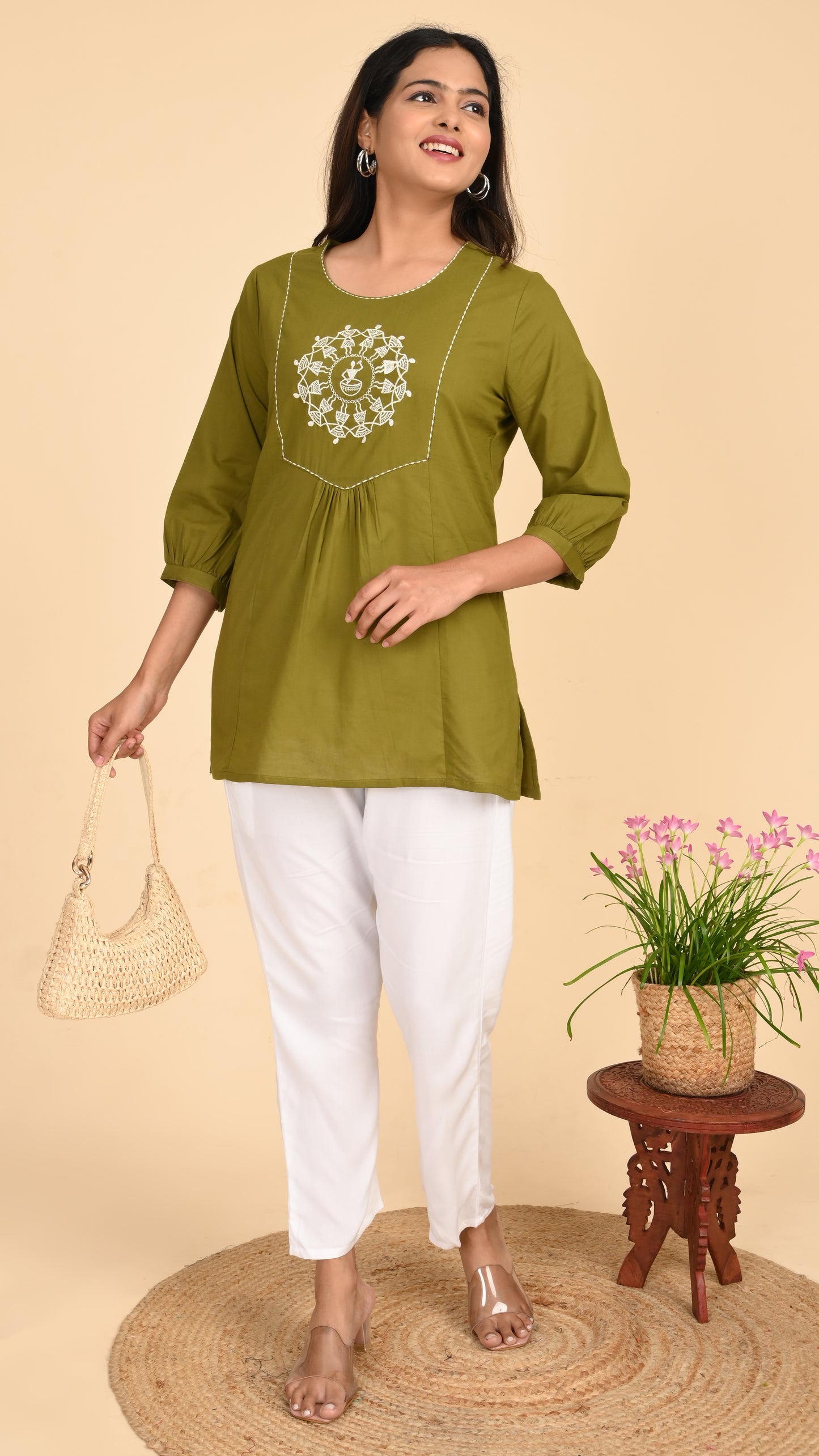 Veda Olive Warli Embroidered Short Kurti Top