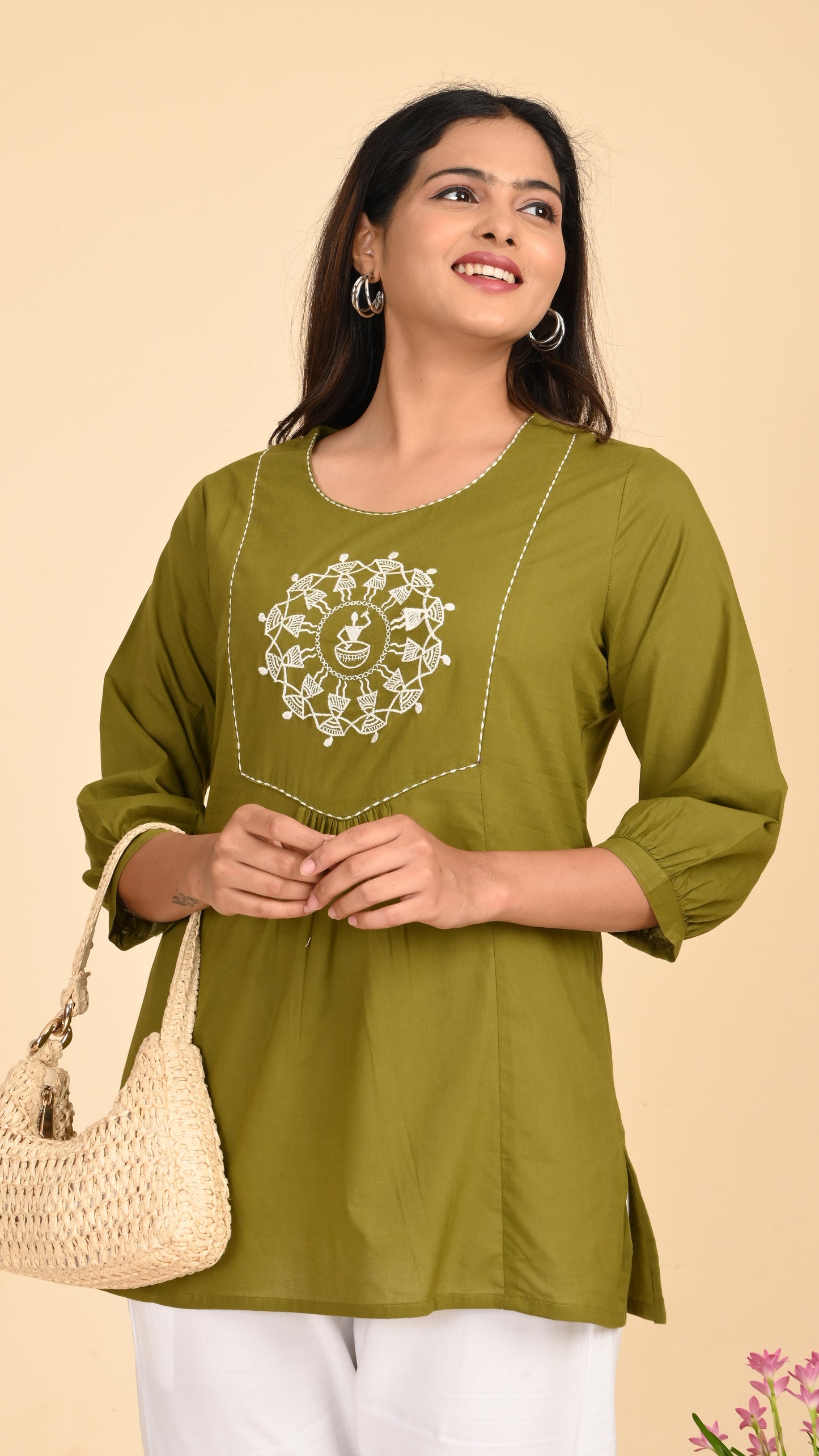 Veda Olive Warli Embroidered Short Kurti Top