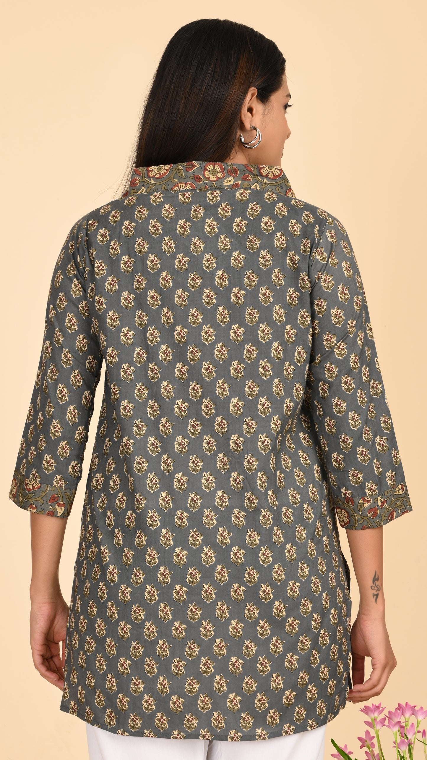 Afsana Grey Mughal Print Short Kurti Top