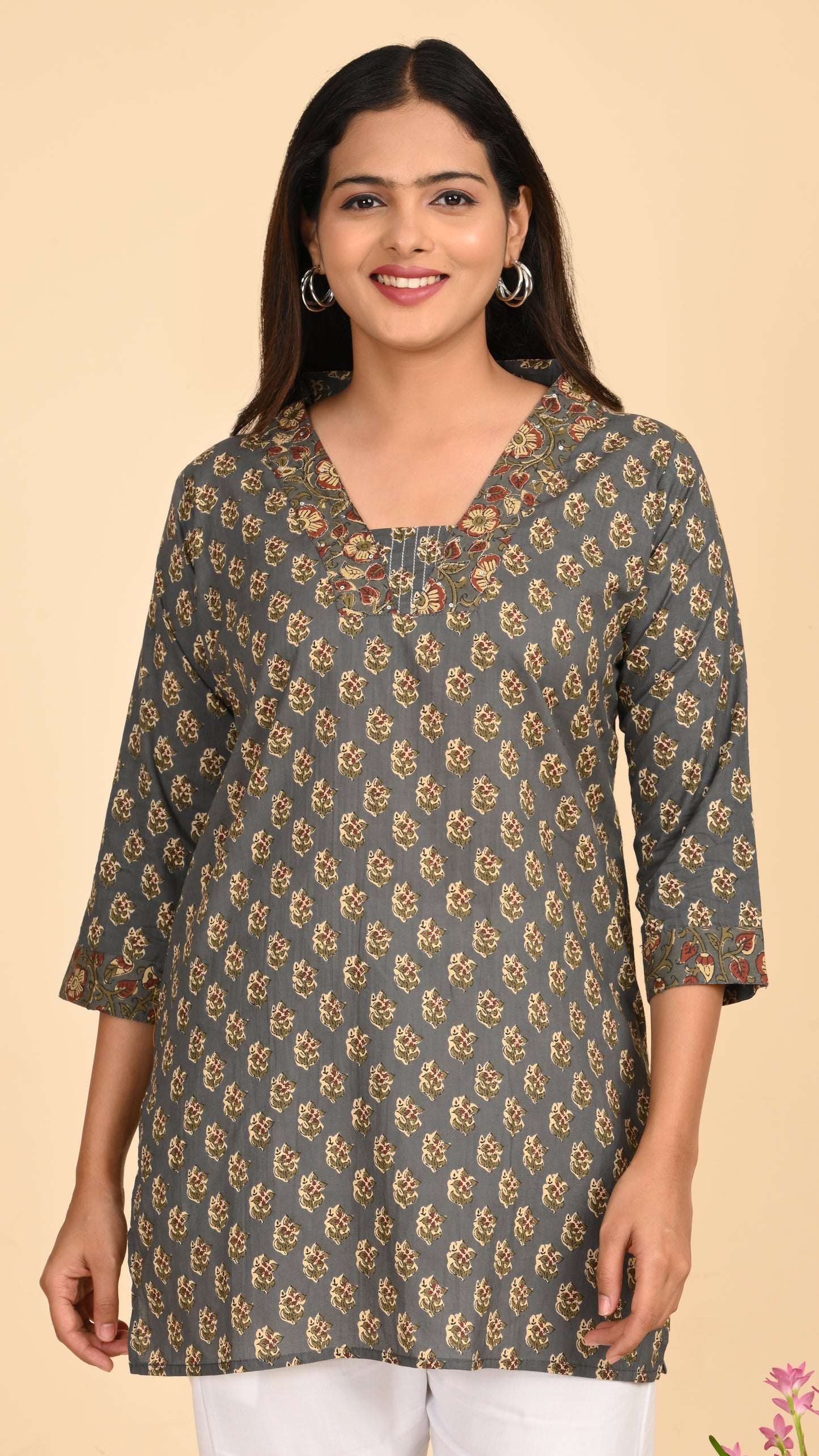 Afsana Grey Mughal Print Short Kurti Top