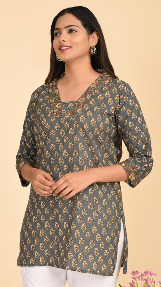 Afsana Grey Mughal Print Short Kurti Top