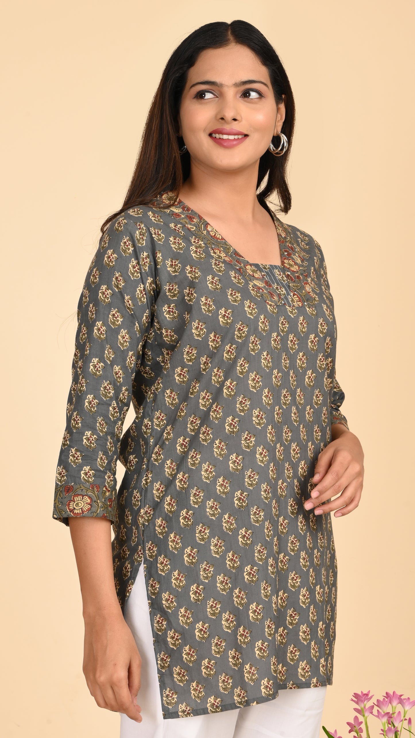 Afsana Grey Mughal Print Short Kurti Top