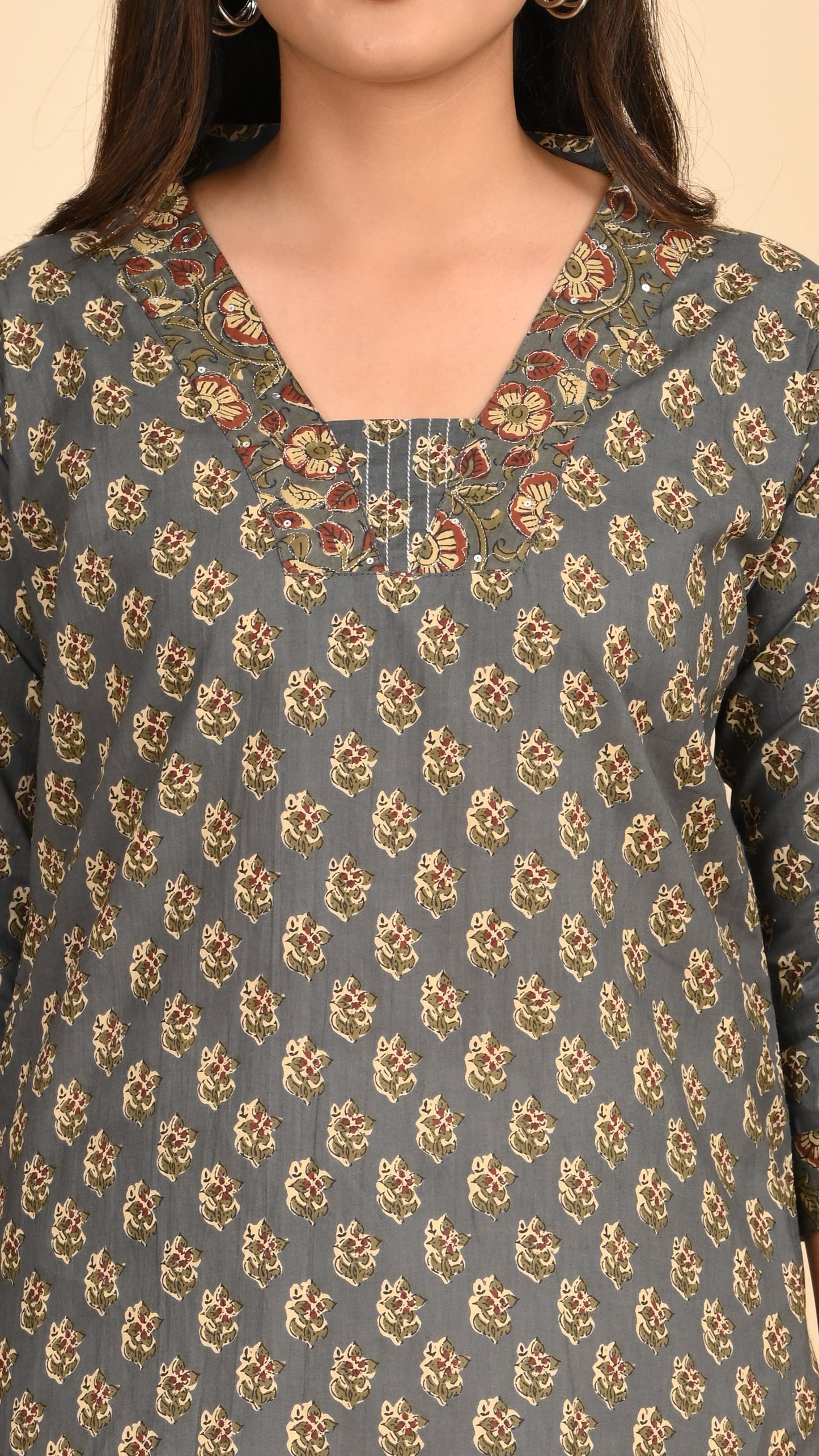 Afsana Grey Mughal Print Short Kurti Top