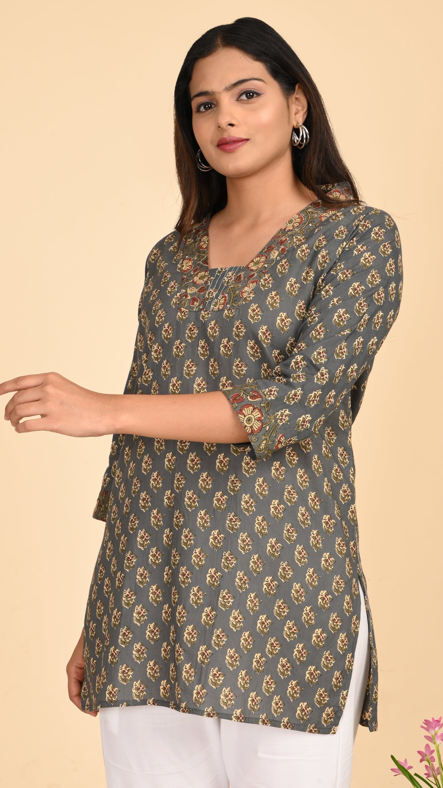 Afsana Grey Mughal Print Short Kurti Top