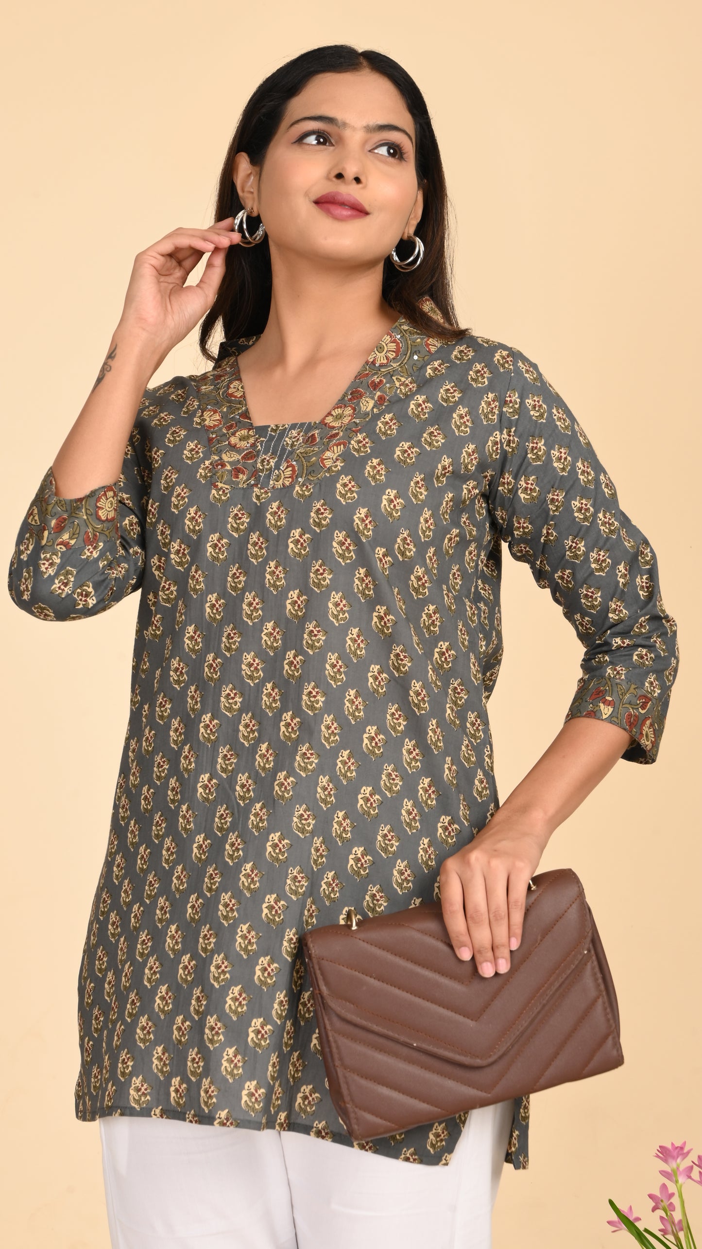 Afsana Grey Mughal Print Short Kurti Top