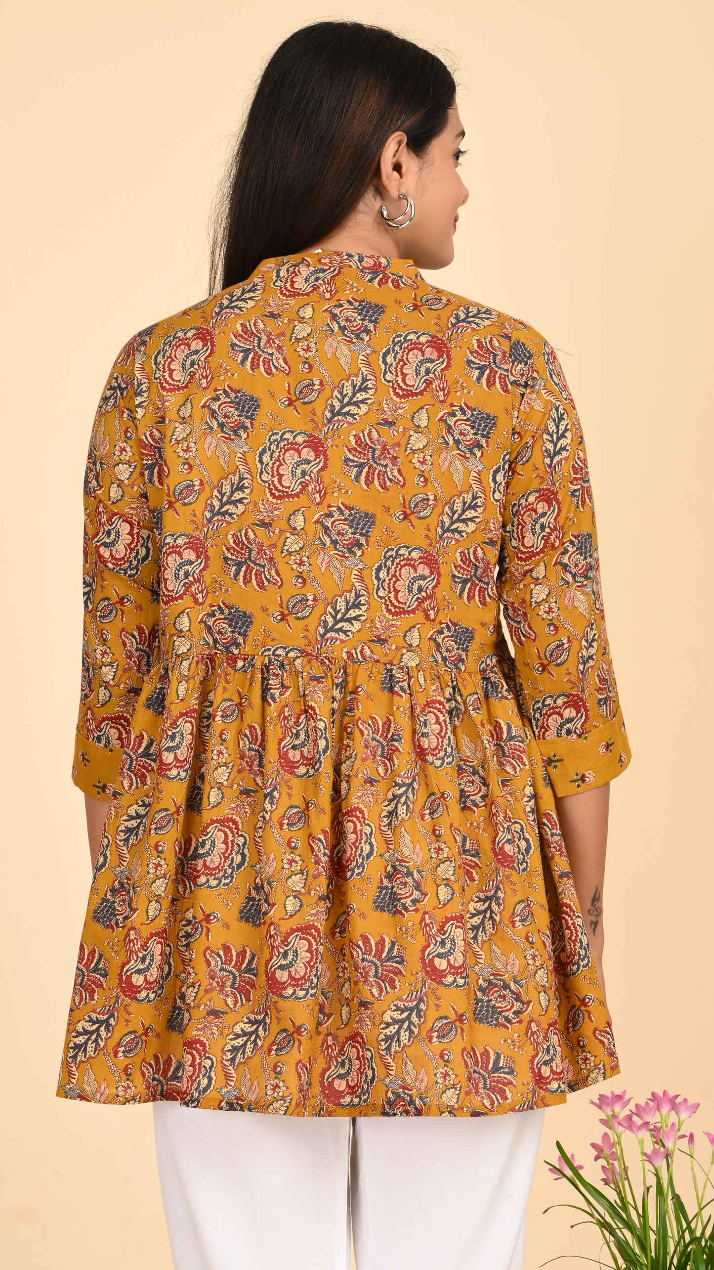 Zariya Mustard Floral Short Kurti Top