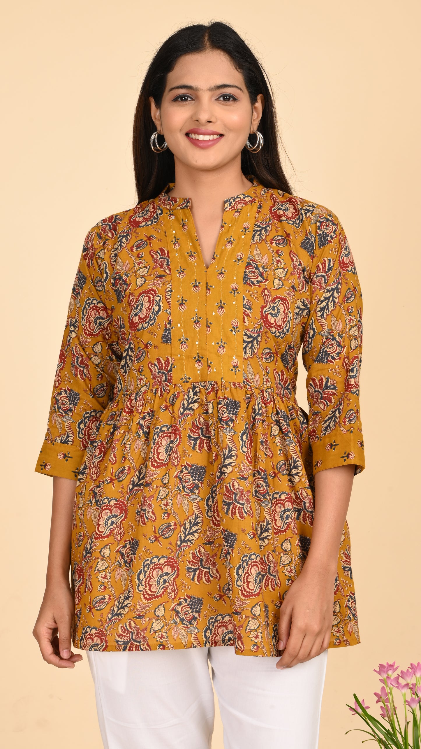 Zariya Mustard Floral Short Kurti Top