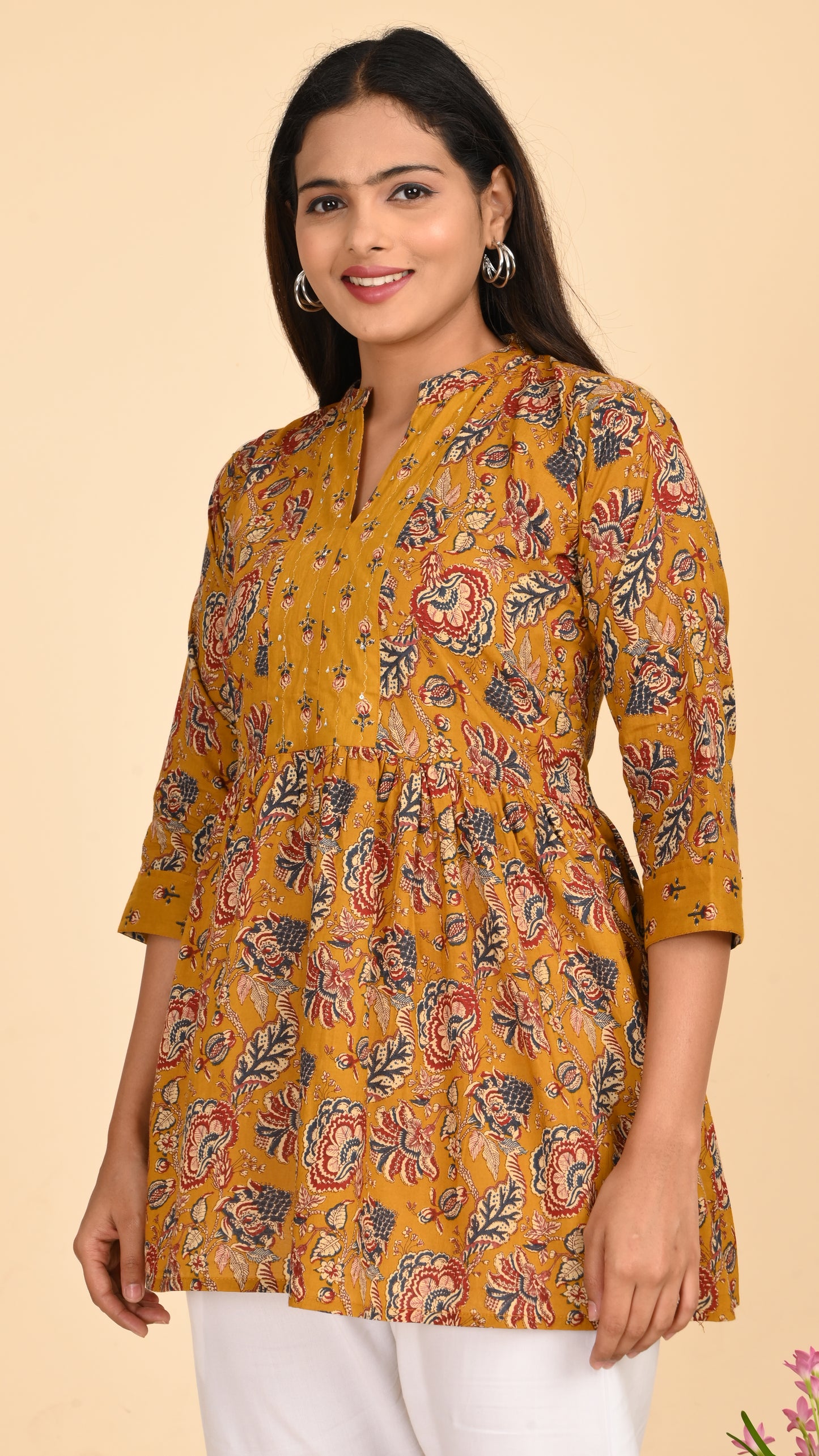 Zariya Mustard Floral Short Kurti Top