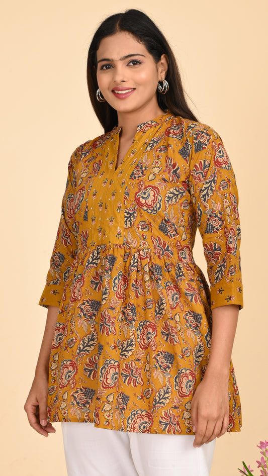 Zariya Mustard Floral Short Kurti Top