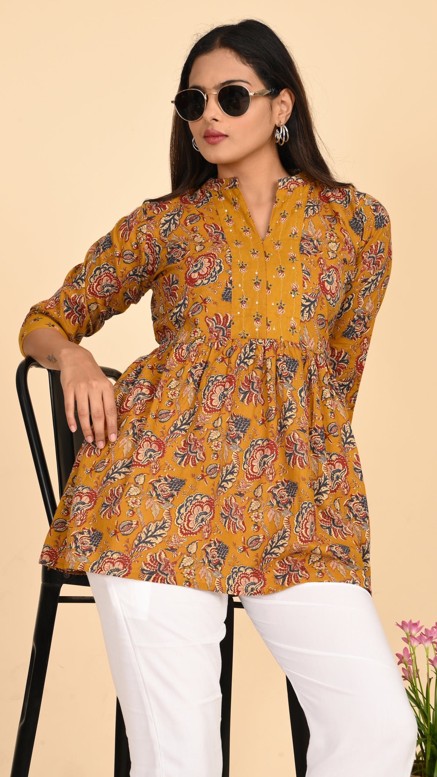 Zariya Mustard Floral Short Kurti Top