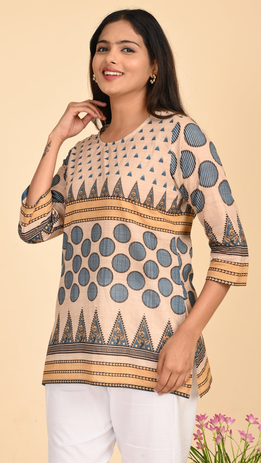 Nayaab Beige GeoPrint Short Kurti Top