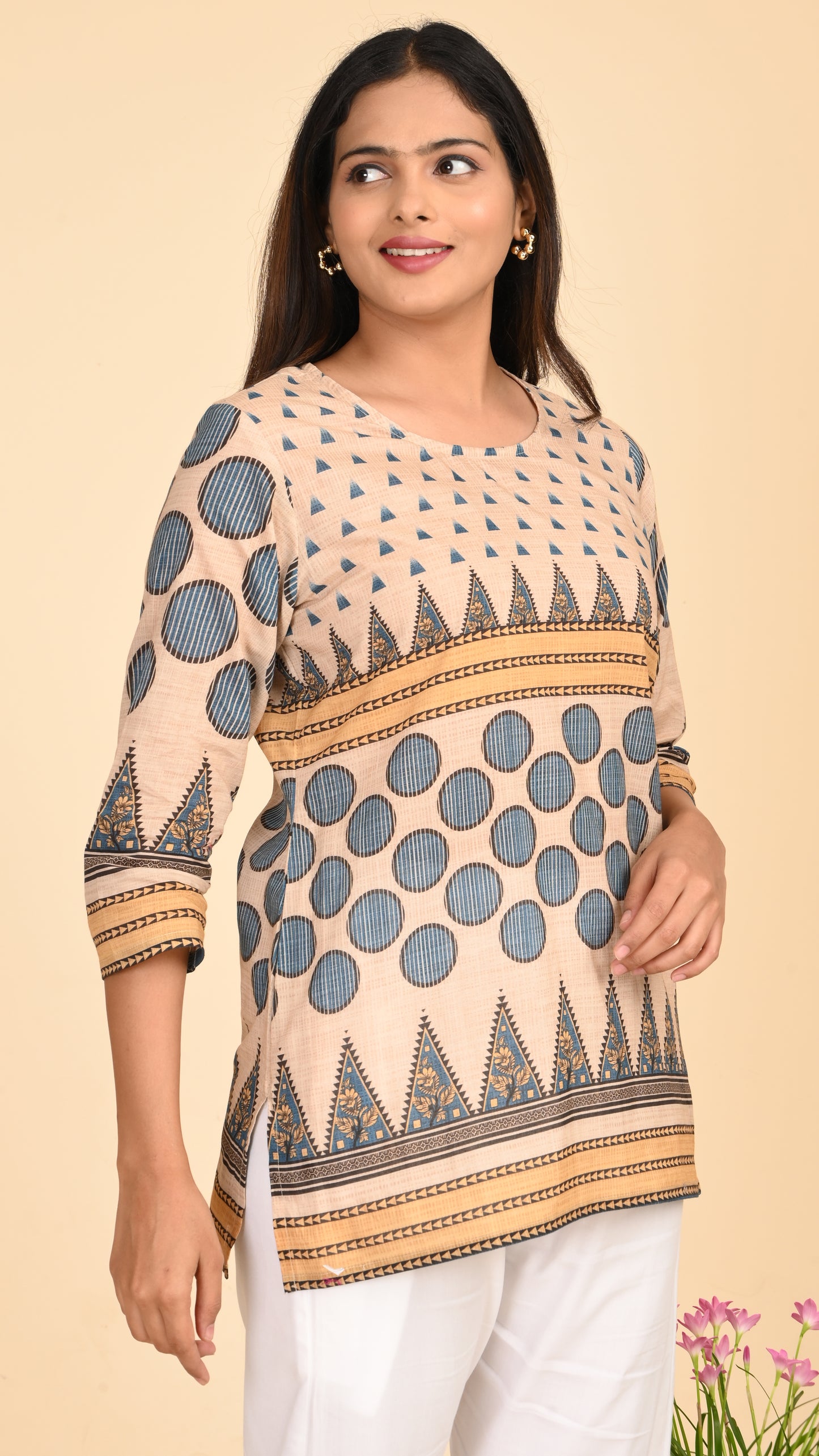 Nayaab Beige GeoPrint Short Kurti Top