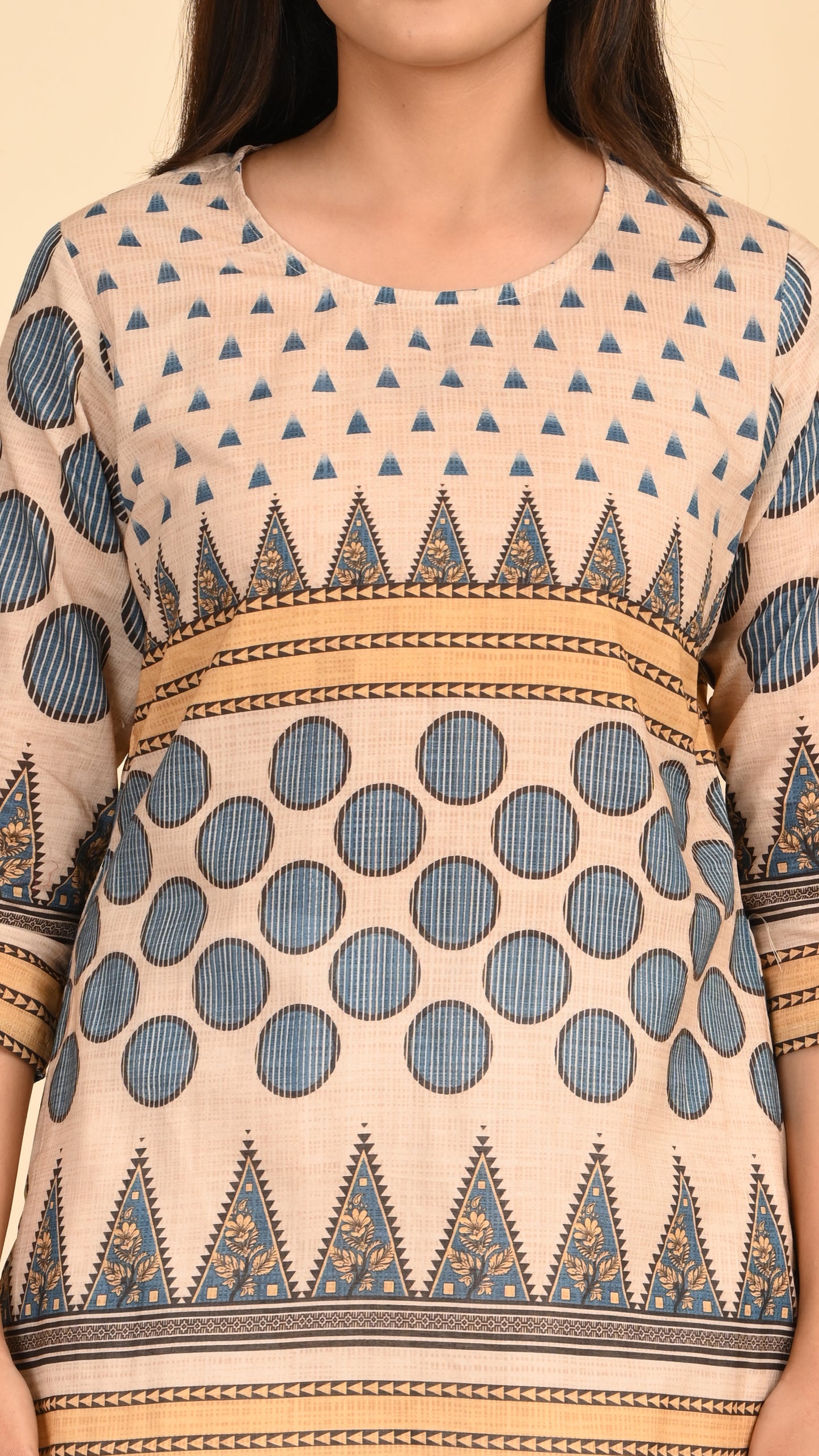 Nayaab Beige GeoPrint Short Kurti Top