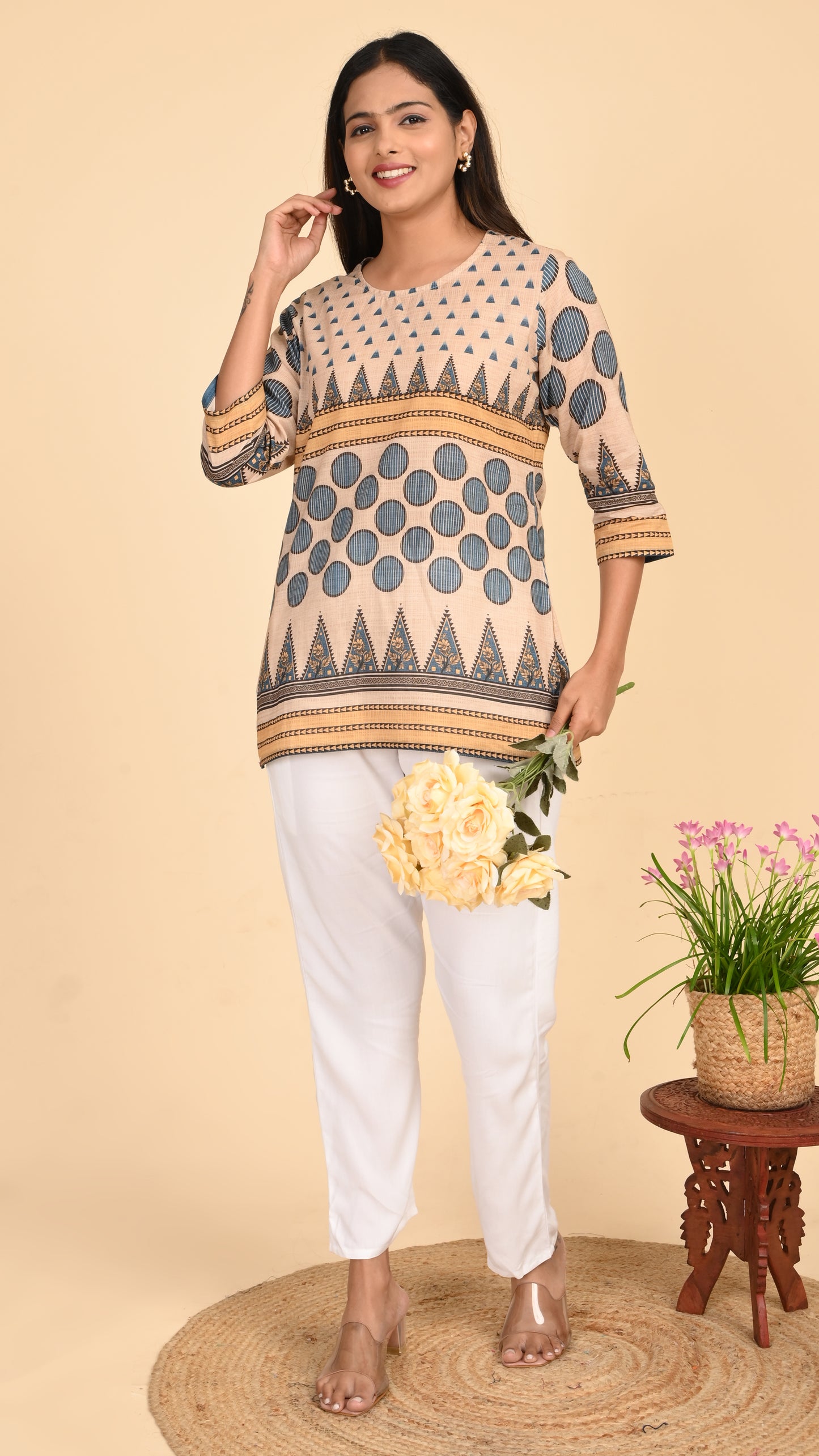 Nayaab Beige GeoPrint Short Kurti Top