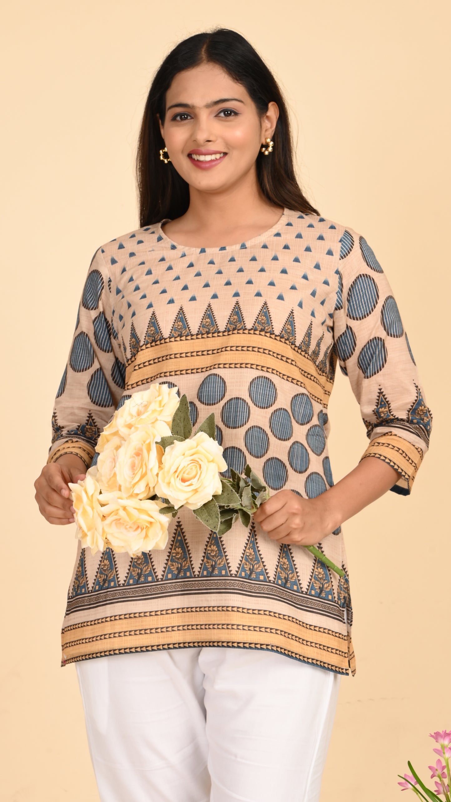 Nayaab Beige GeoPrint Short Kurti Top
