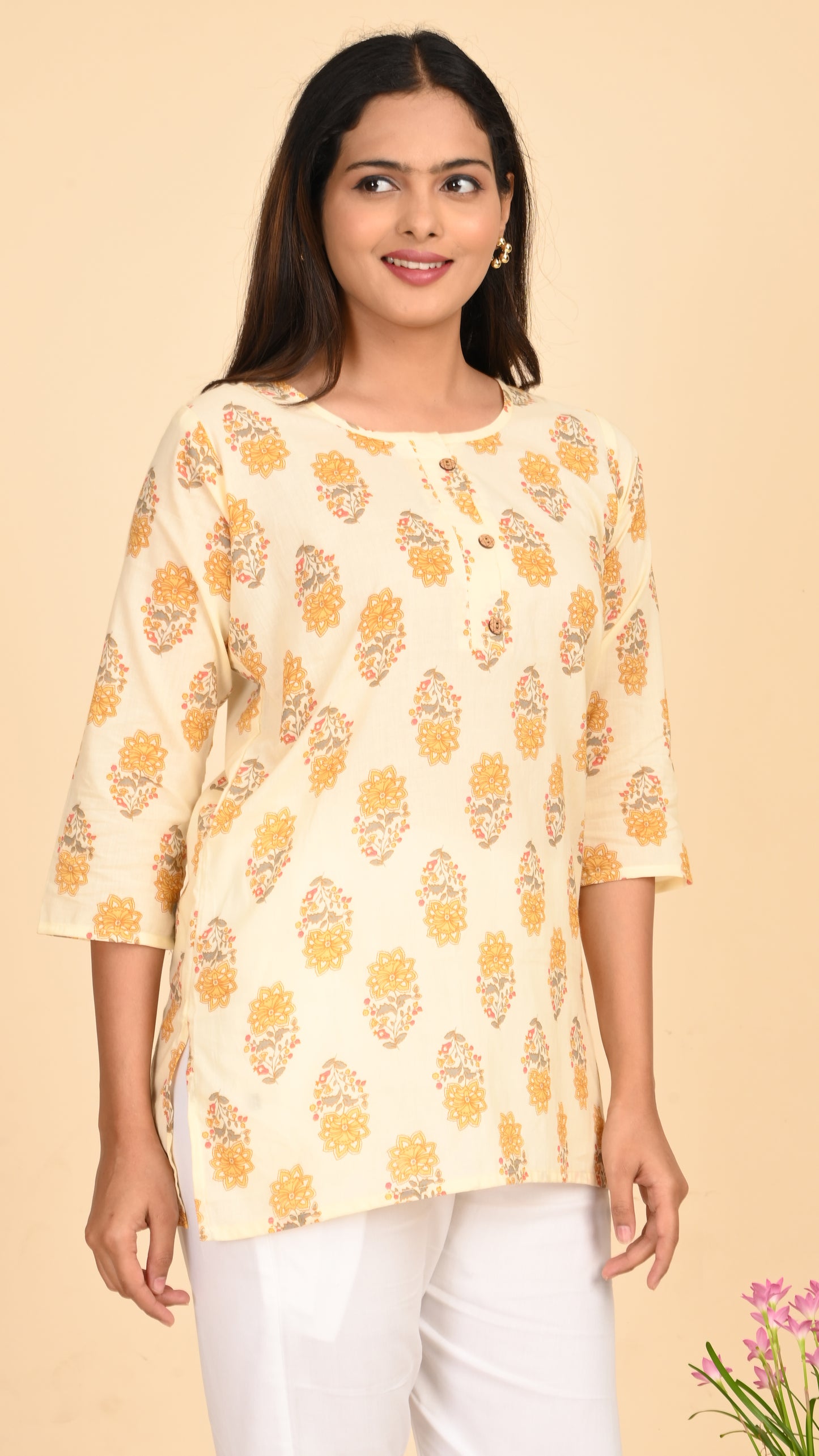 Aabroo Buttermilk Bloom Short Kurti Top