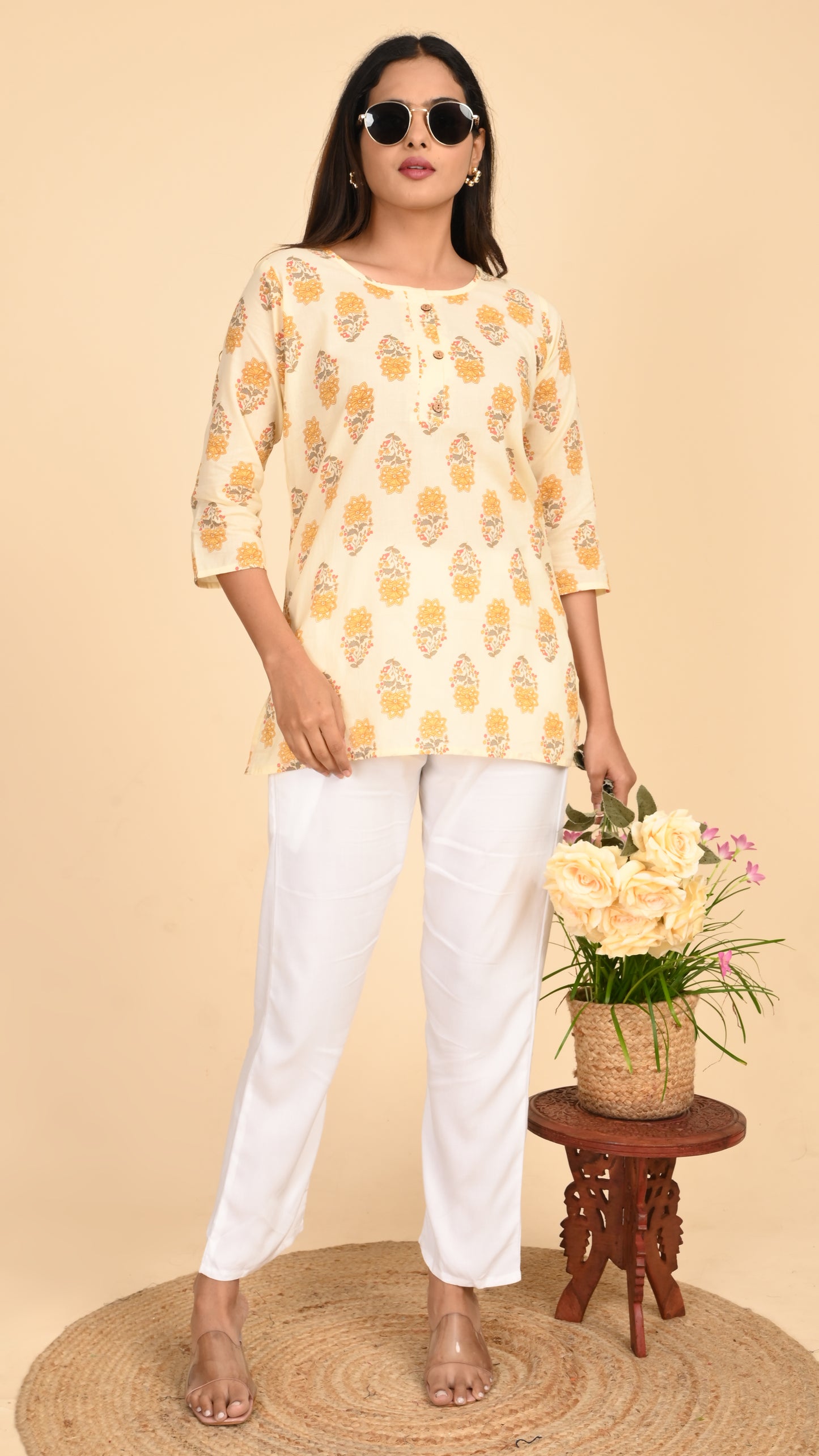 Aabroo Buttermilk Bloom Short Kurti Top