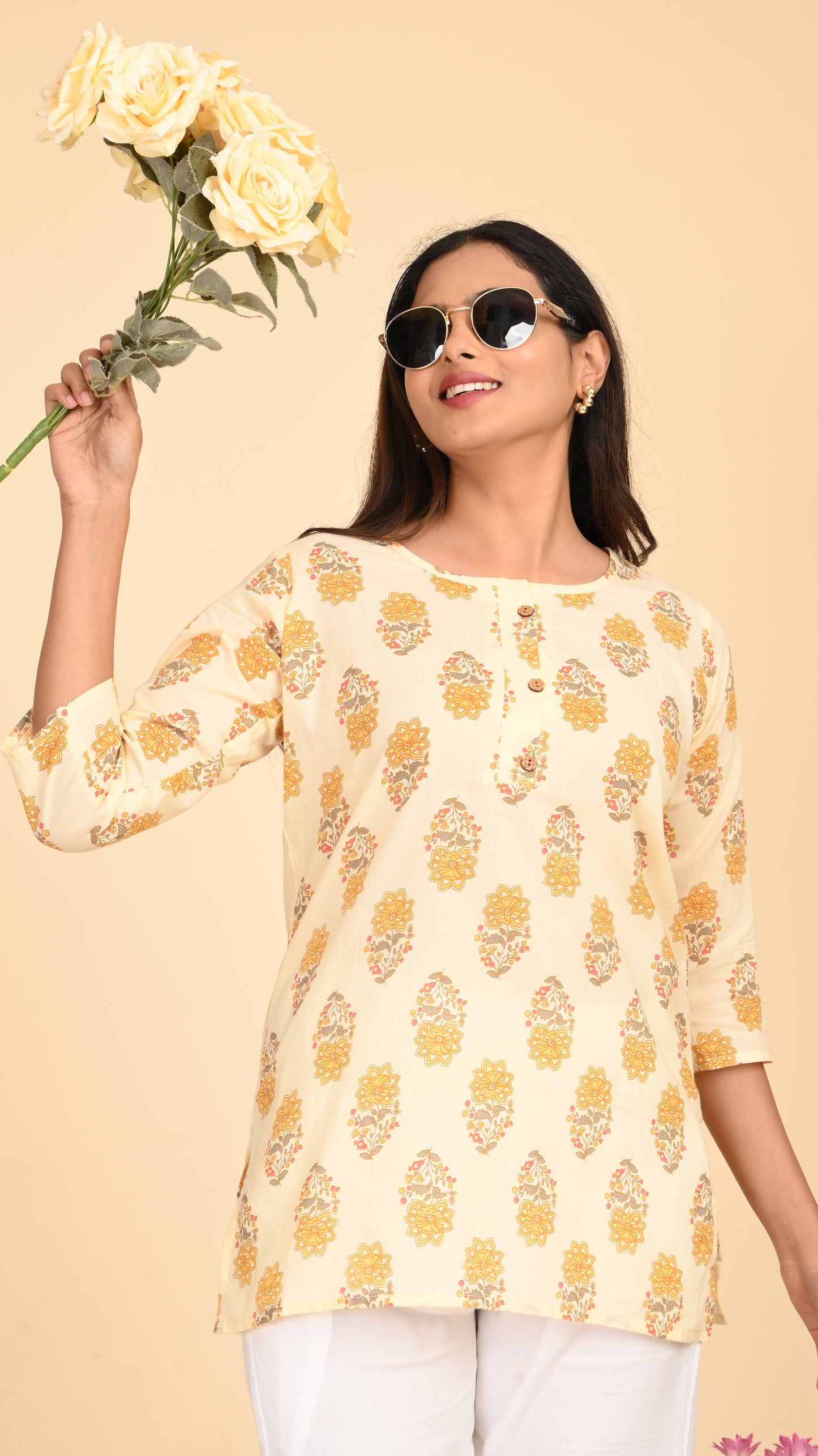 Aabroo Buttermilk Bloom Short Kurti Top