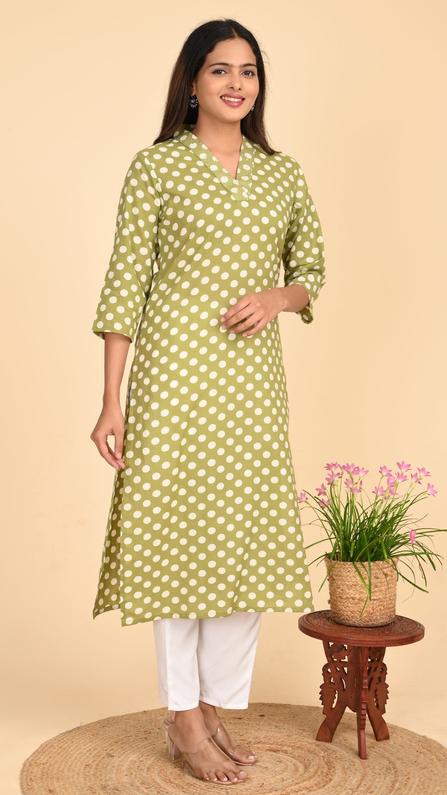 Aira Olive Polka Straight Kurti