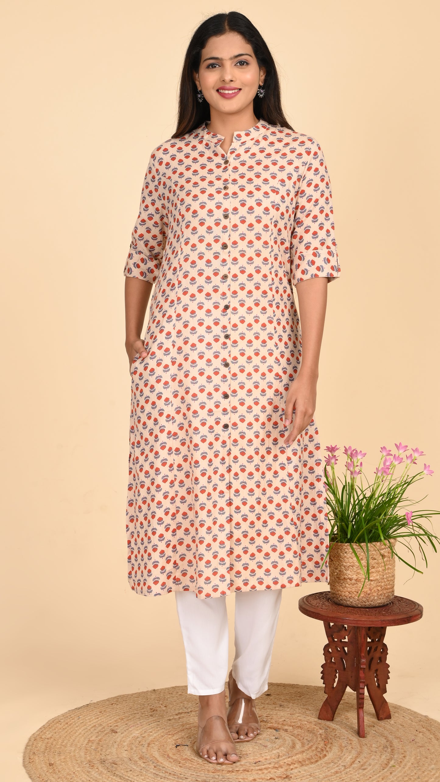 Maithili Peach Blossom Shirt-Style Kurti