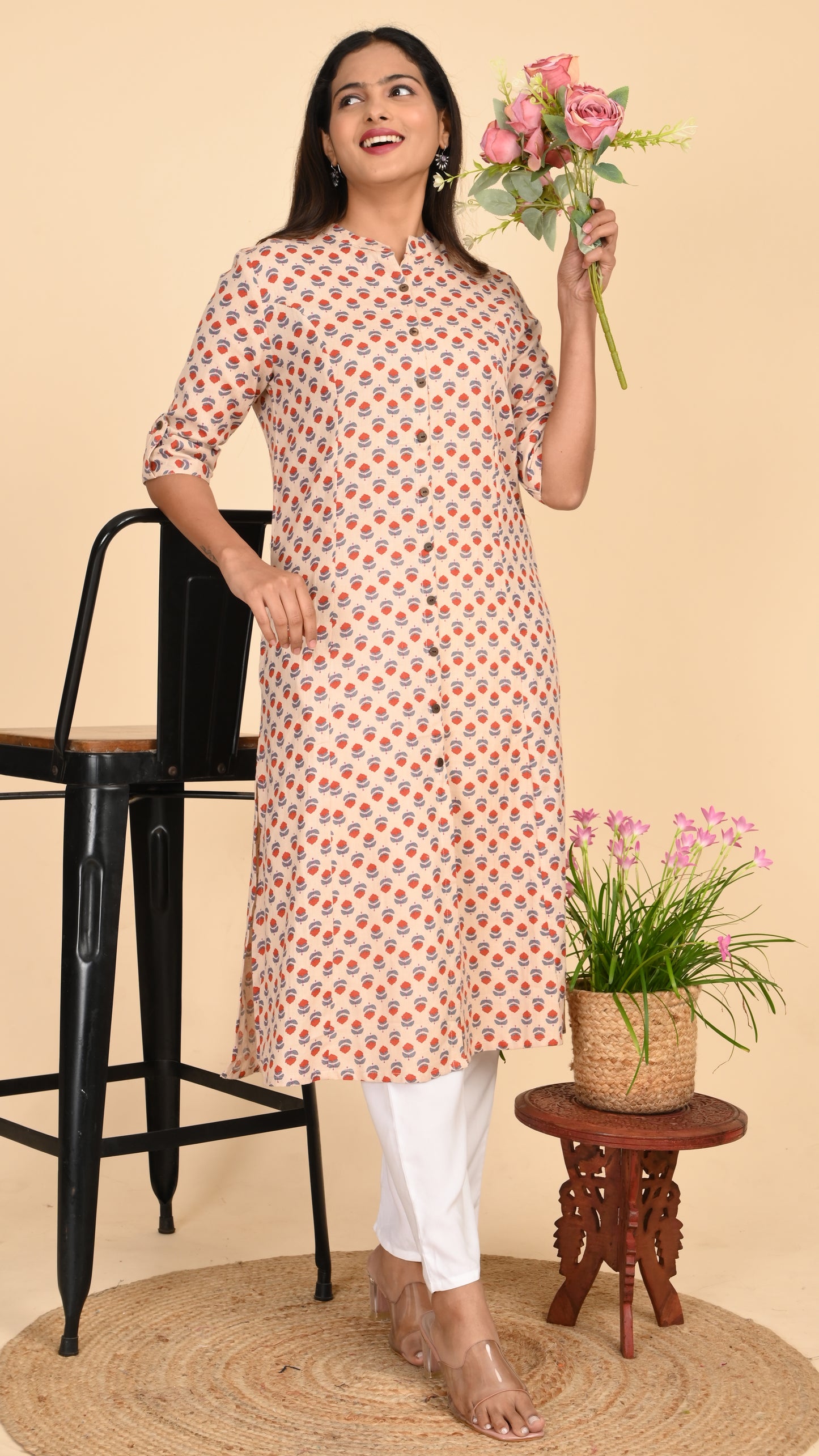 Maithili Peach Blossom Shirt-Style Kurti